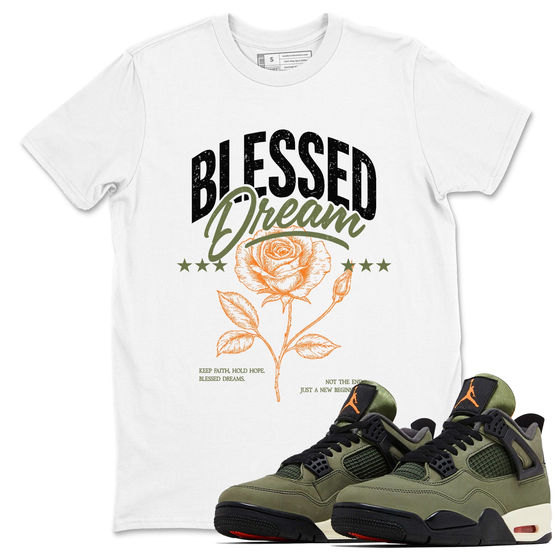 Sneaker match tees – Sneaker Threads To Match Air Jordan 4 OG Olive Shoes, Air Jordan 4 OG Olive – Blessed Dream Tee White 1