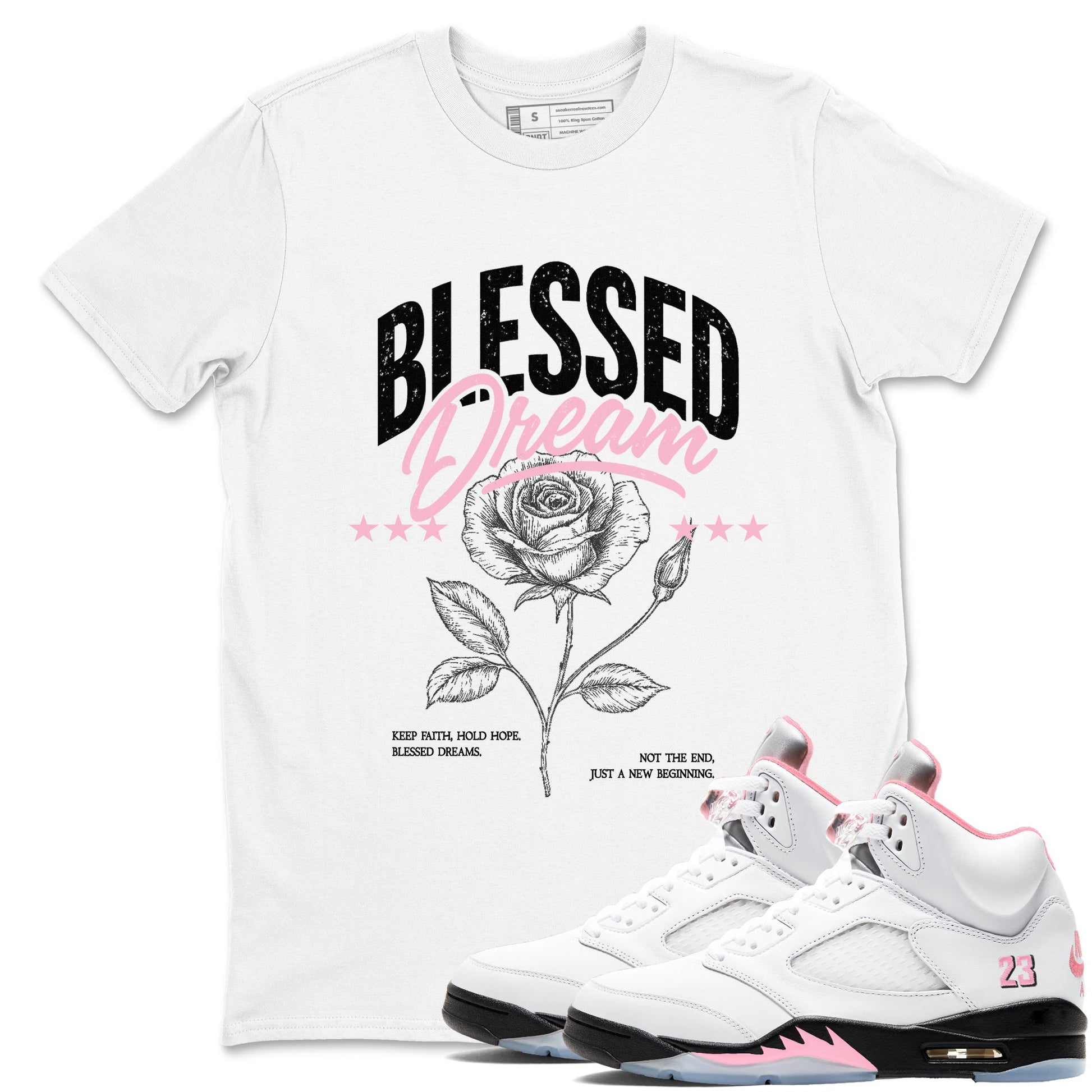 Sneaker match tees – Sneaker Threads To Match Air Jordan 5 35th Anniversary Shoes – Blessed Dream Tee White 1