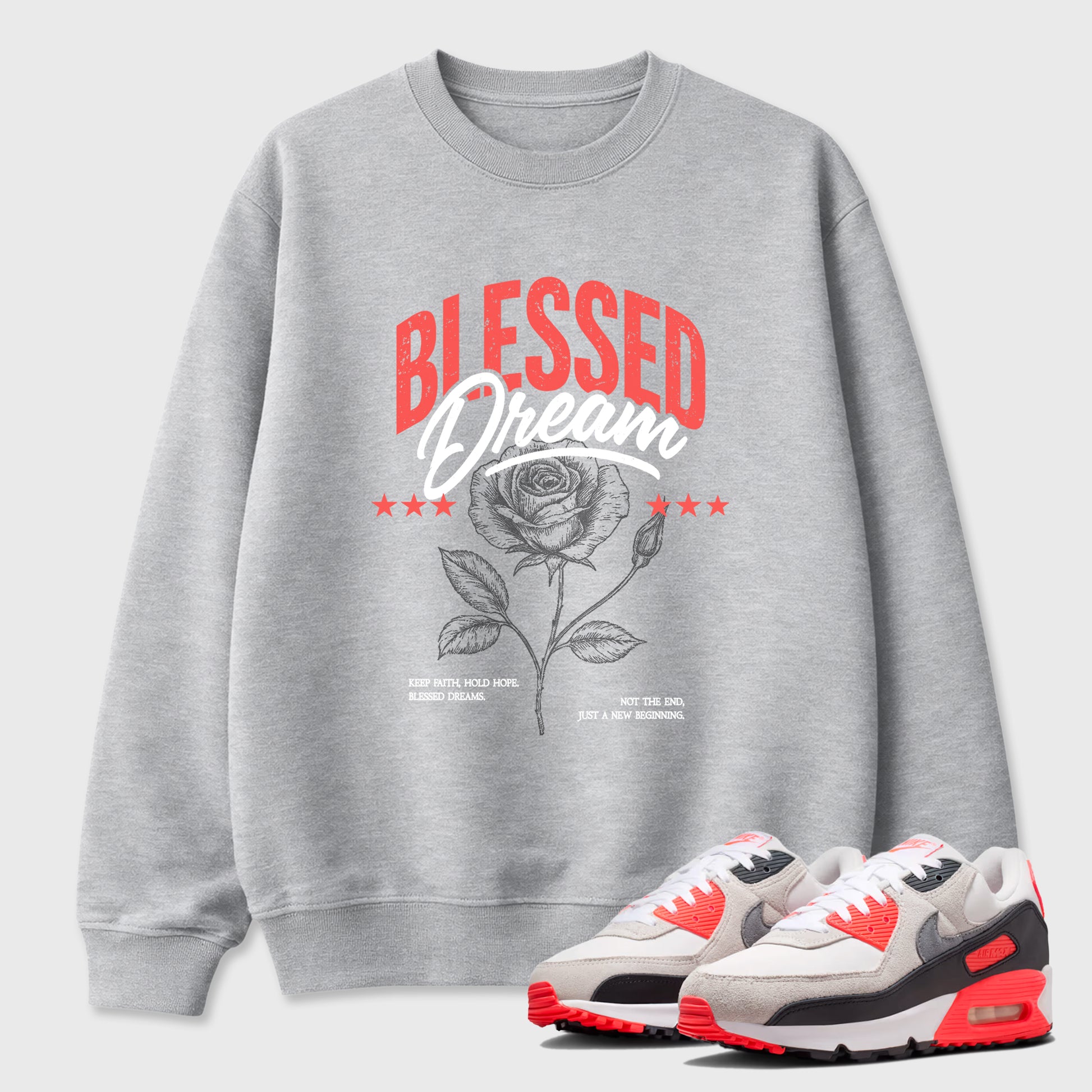 Best Sneakerfit Graphic Tee. Graphic Outfits. Sneaker Tees To Match Air Max 90 Infrared Sneakers – Blessed Dream Tee Heather Grey 1