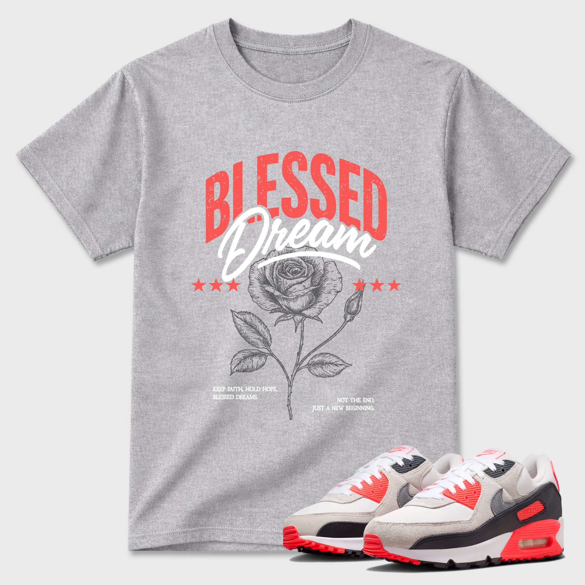 Best Sneakerfit Graphic Tee. Graphic Outfits. Sneaker Tees To Match Air Max 90 Infrared Sneakers – Blessed Dream Tee Heather Grey 1