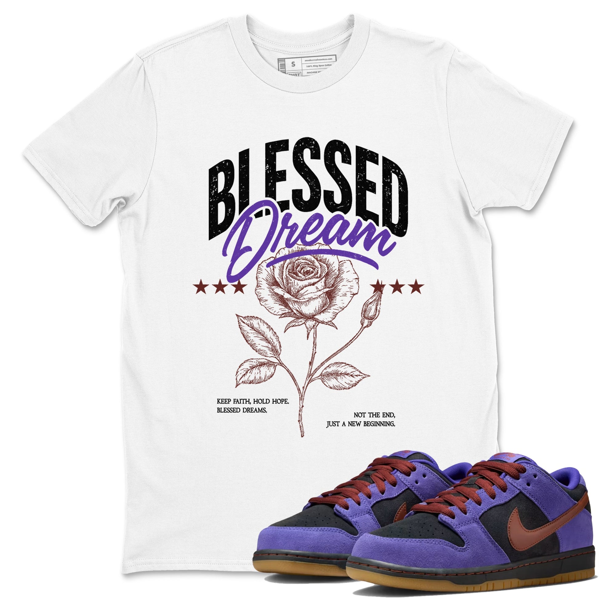 Sneaker match tees – Sneaker Threads To Match Dunk Low Persian Violet Shoes – Blessed Dream Tee White 1
