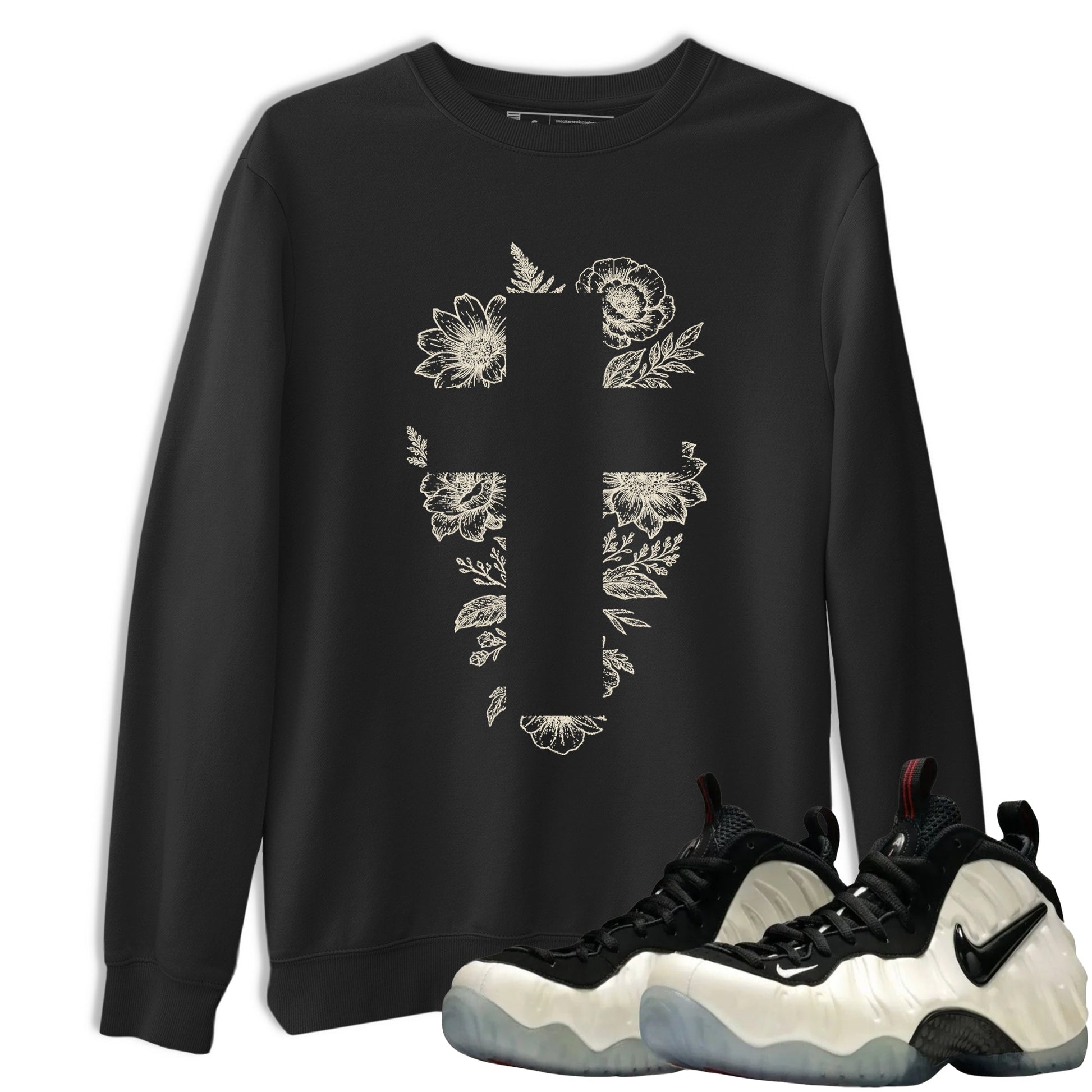 Sneaker Threads – Sneaker Tees To Match Air Foamposite One Pearl – Blessed Flowers Graphic Tee Black 1. Perfect for Jordan releases 2025 colorways.