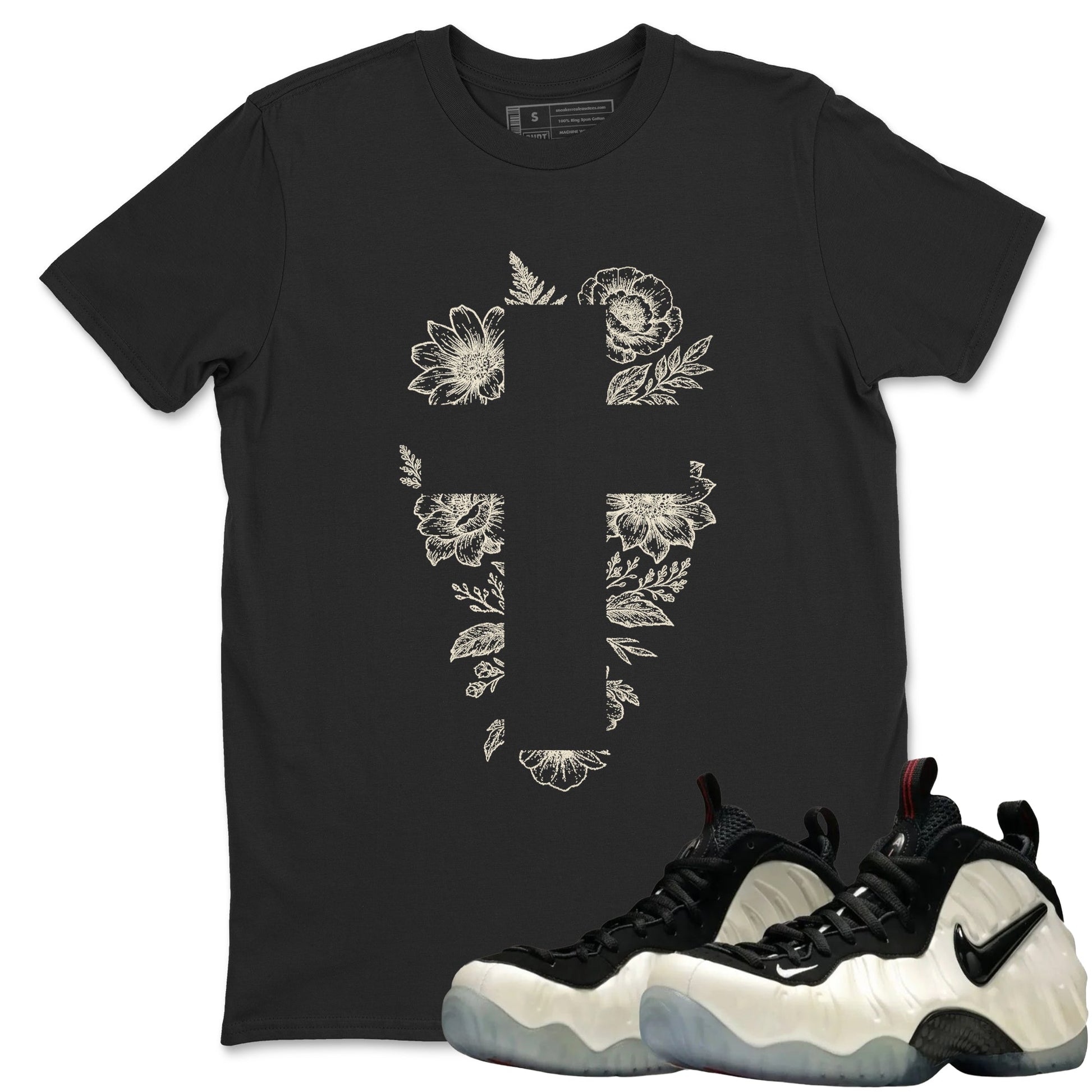 Sneaker Threads – Sneaker Tees To Match Air Foamposite One Pearl – Blessed Flowers Graphic Tee Black 1. Perfect for Jordan releases 2025 colorways.