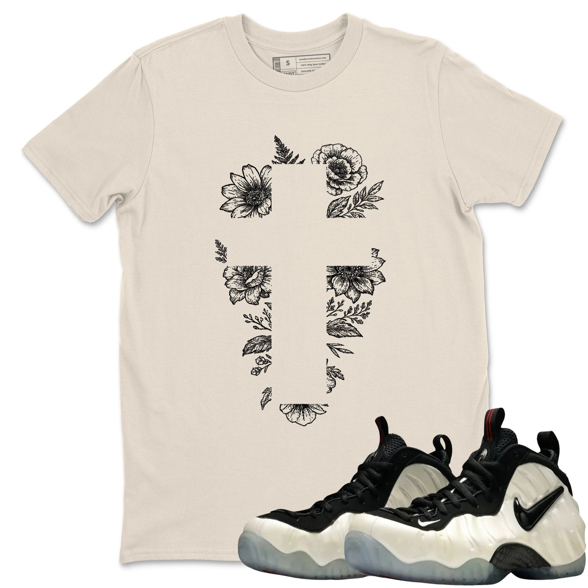 Sneaker Threads – Sneaker Tees To Match Air Foamposite One Pearl – Blessed Flowers Graphic Tee Natural 1. Perfect for Jordan releases 2025 colorways.