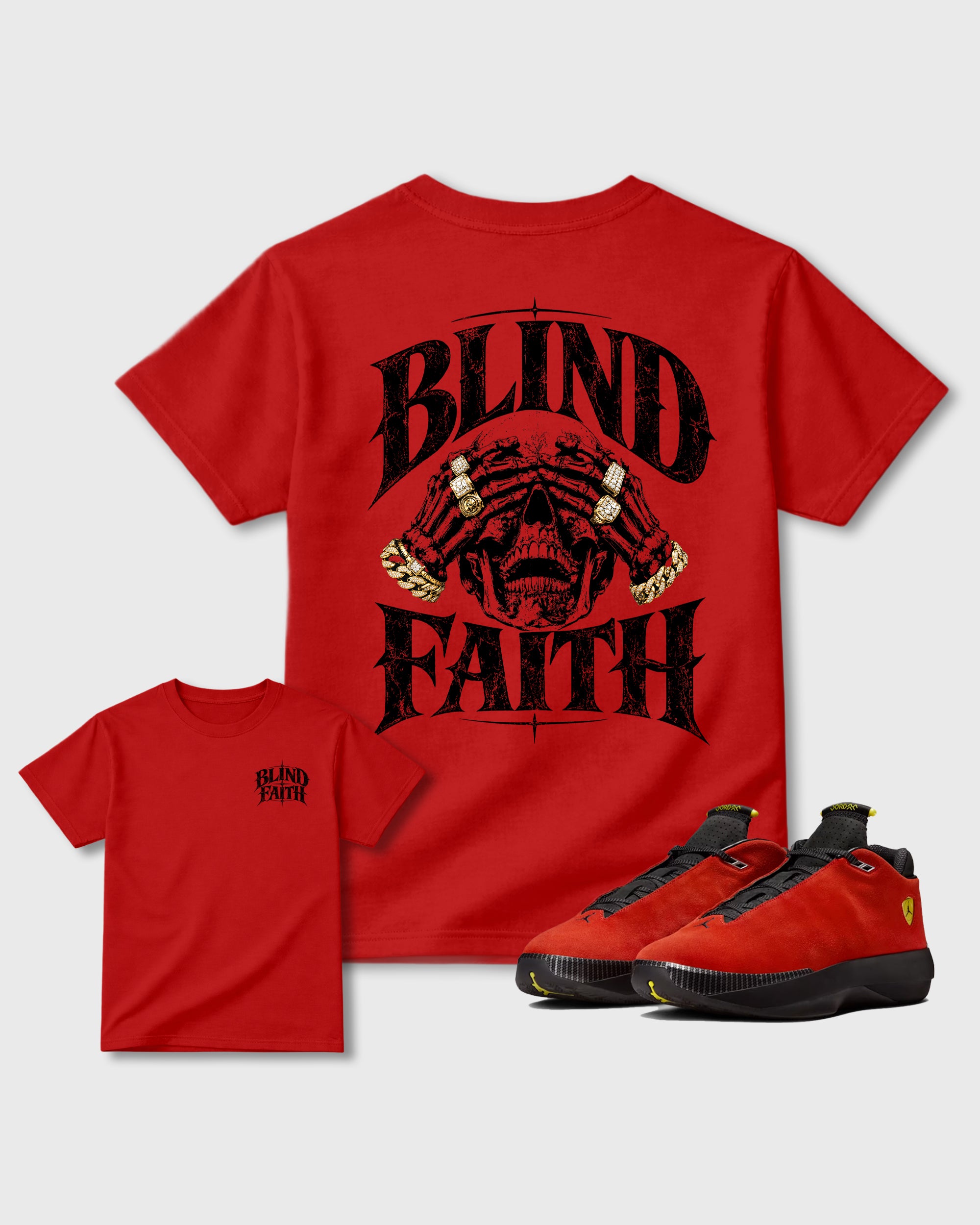 Blind Faith Red Graphic T-Shirt - 1, sneaker matching tee designed to match Air Jordan 40 "14" Challenge Red and ferrari sneakers for a coordinated sneaker outfit.