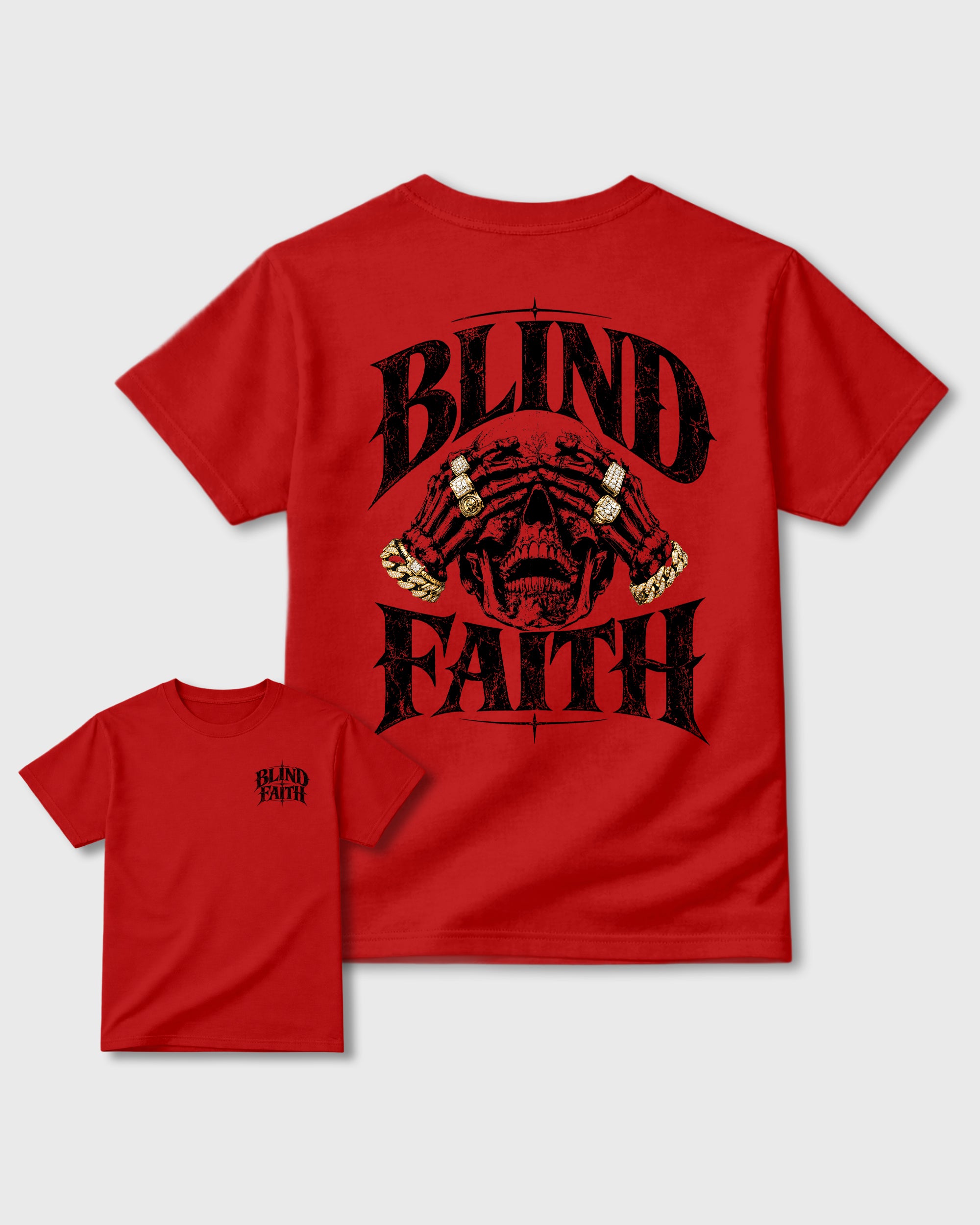 Blind Faith Red Graphic T-Shirt - 1, sneaker matching tee designed to match Air Jordan 40 "14" Challenge Red and ferrari sneakers for a coordinated sneaker outfit.
