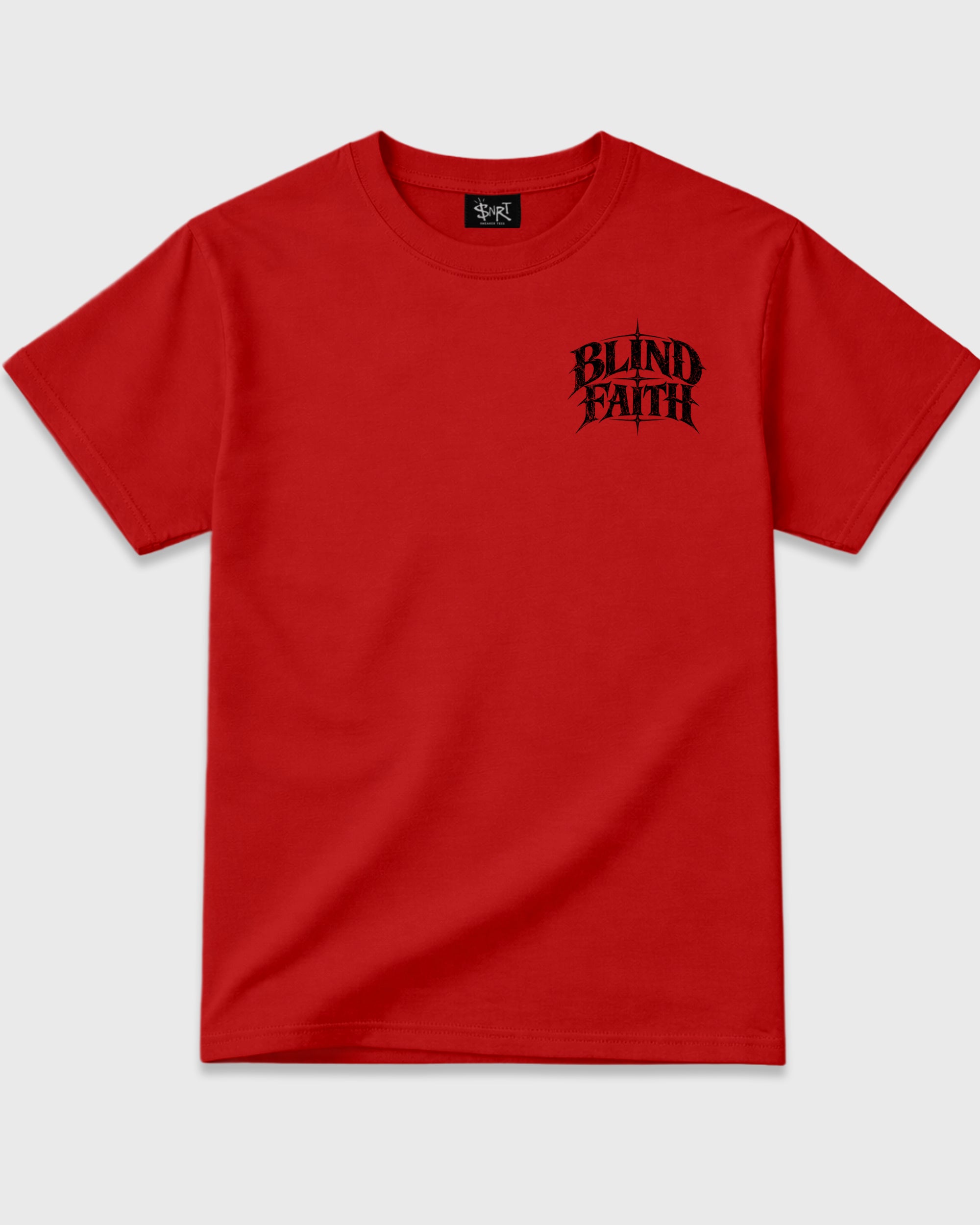 Blind Faith Red Graphic T-Shirt - 2, sneaker tee made to match Air Jordan 40 "14" Challenge Red and ferrari sneakers with original graphic artwork for a coordinated sneaker outfit.