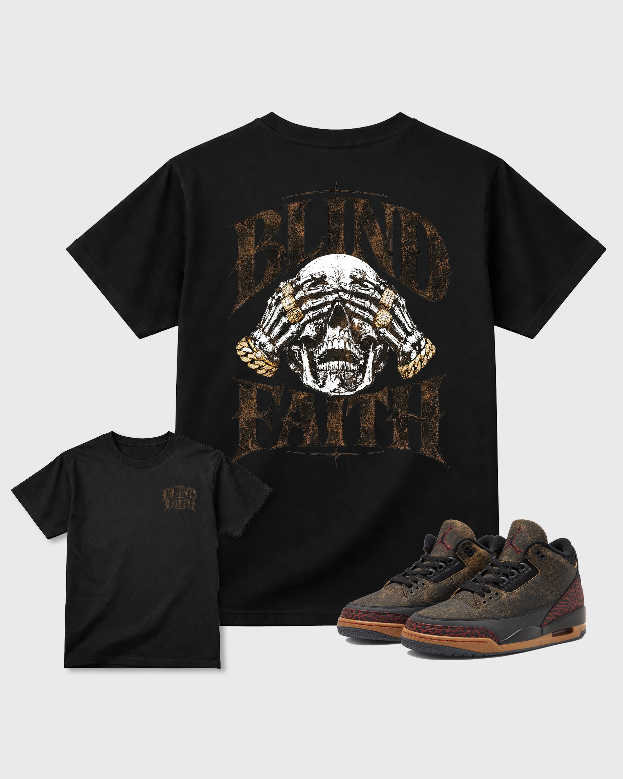 Blind Faith Black Graphic T-Shirt - 1, sneaker matching tee designed to match Air Jordan 3 Not Nice sneakers for a coordinated sneaker outfit.