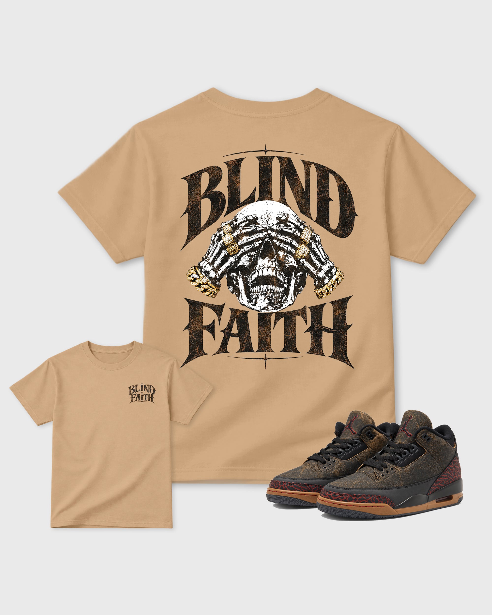 Blind Faith Old Gold Graphic T-Shirt - 1, sneaker matching tee designed to match Air Jordan 3 Not Nice sneakers for a coordinated sneaker outfit.