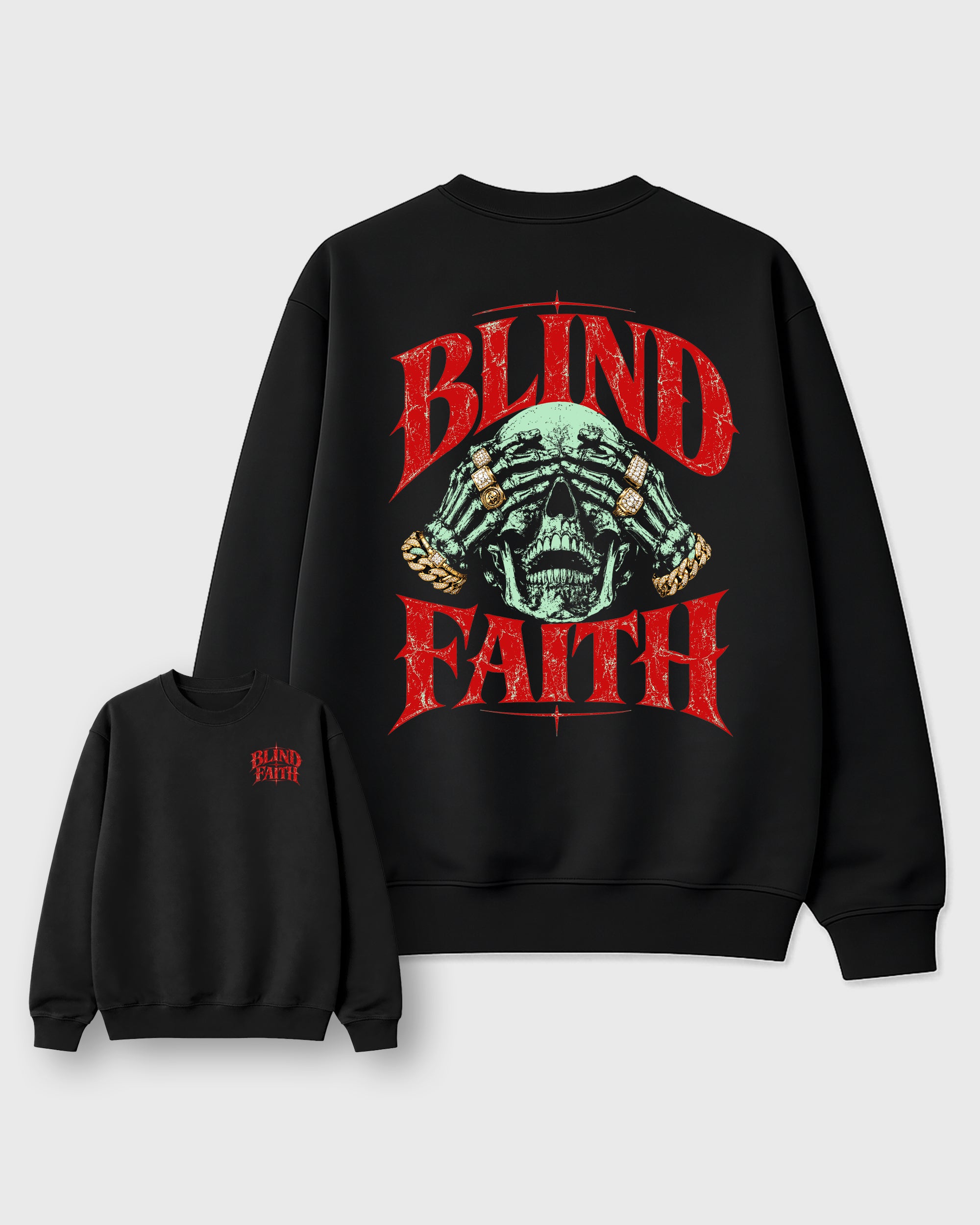 Blind Faith Black Graphic Sweatshirt - 2, featuring original SNRT artwork created to pair with Air Jordan 5 Halloween sneakers and everyday streetwear styling.
