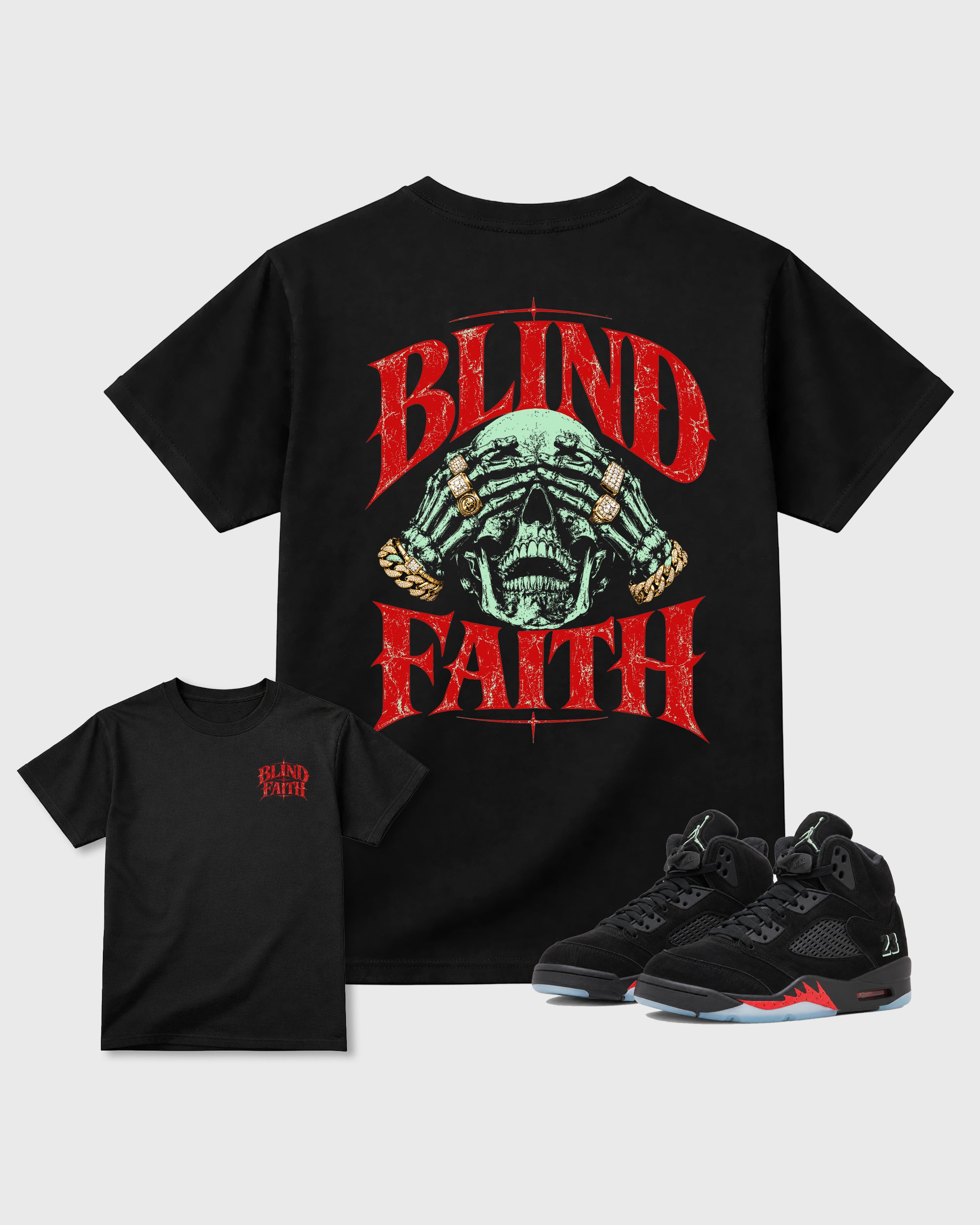 Blind Faith Black Graphic T-Shirt - 1, sneaker matching tee designed to match Air Jordan 5 Halloween sneakers for a coordinated sneaker outfit.