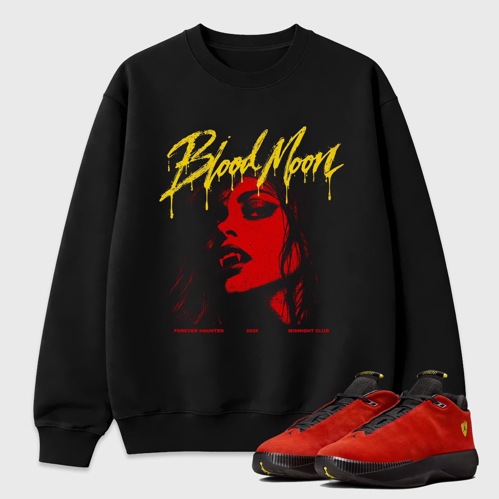 Blood Moon Graphic T-Shirt featuring original streetwear artwork designed to match the Air Jordan 14 Challenge Red. Black 1 Graphic Tee.