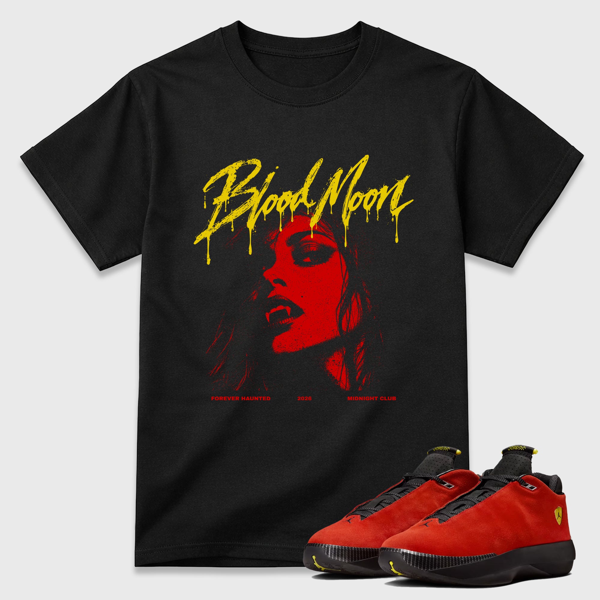 Blood Moon Graphic T-Shirt featuring original streetwear artwork designed to match the Air Jordan 14 Challenge Red. Black 1 Graphic T-Shirt.