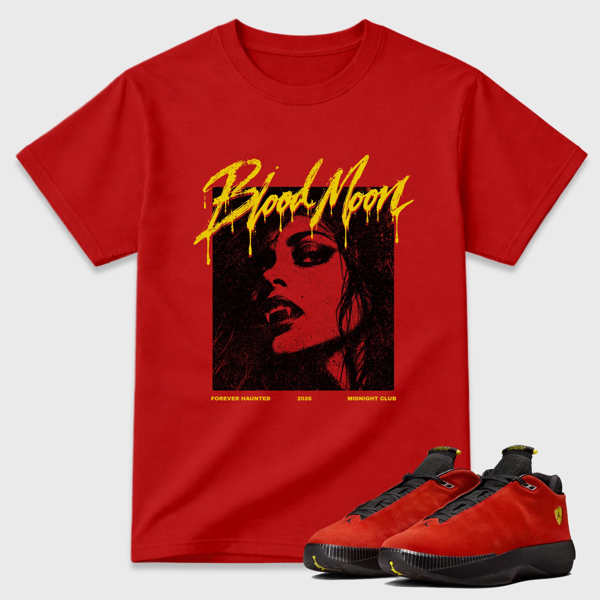 Blood Moon Graphic T-Shirt featuring original streetwear artwork designed to match the Air Jordan 14 Challenge Red. Red 1 Graphic T-Shirt.