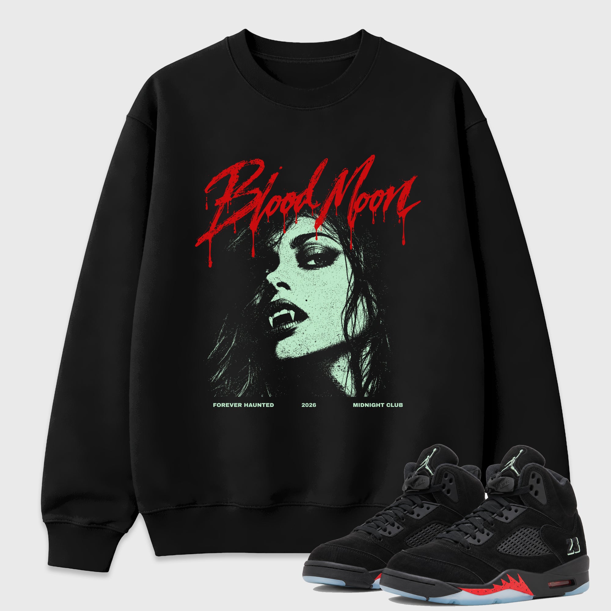 Blood Moon Graphic T-Shirt featuring original streetwear artwork designed to match the Air Jordan 5 Halloween. Black 1 Graphic Tee.