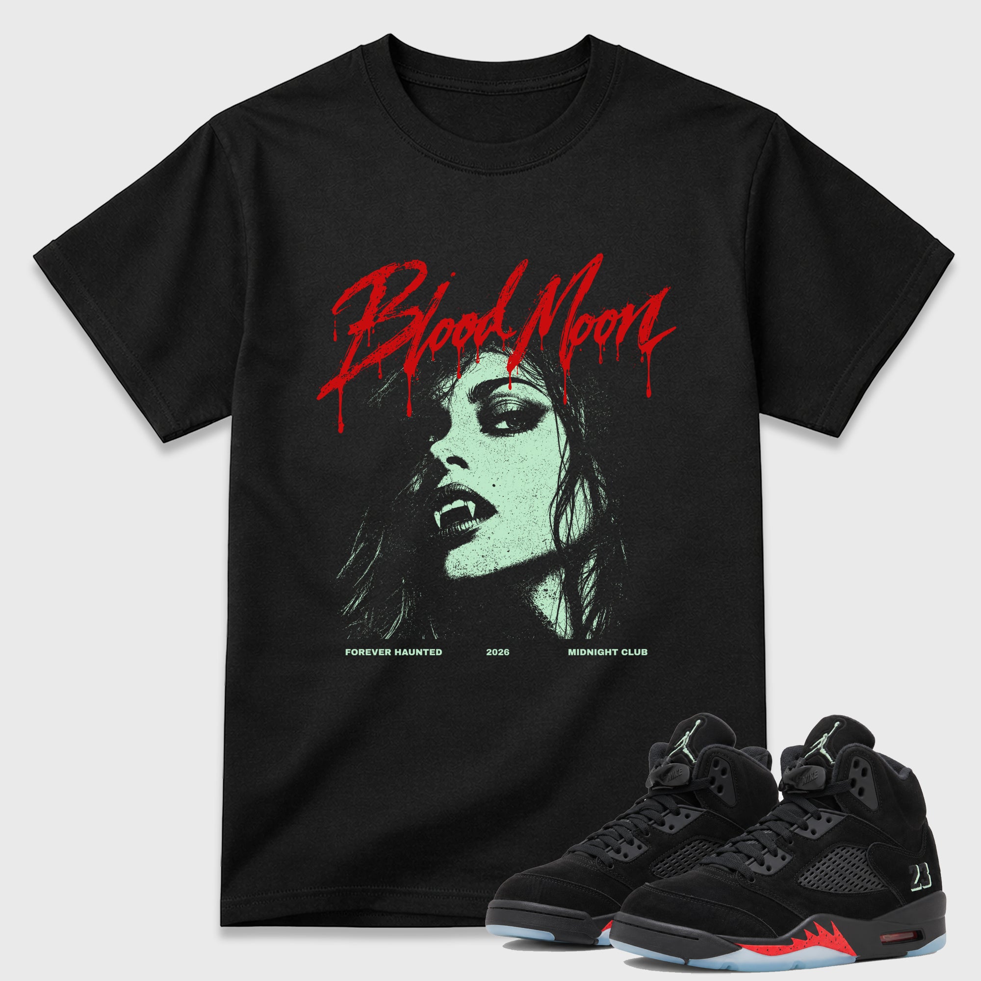 Blood Moon Graphic T-Shirt featuring original streetwear artwork designed to match the Air Jordan 5 Halloween. Black 1 Graphic T-Shirt.