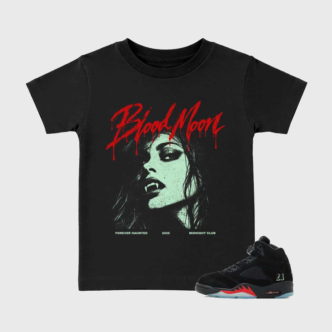 Blood Moon Baby & Kids Graphic T-Shirt featuring original artwork designed to match the Air Jordan 5 Halloween. Black 1 Kids Graphic Tee.
