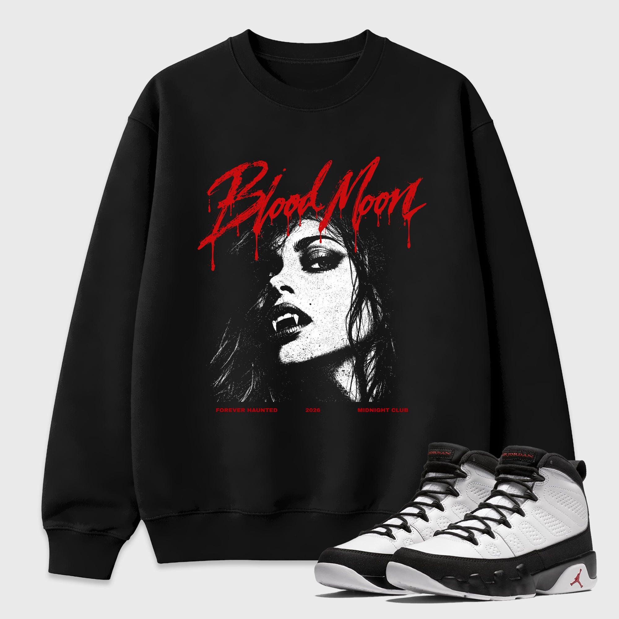 Blood Moon Graphic T-Shirt featuring original streetwear artwork designed to match the Air Jordan 9 True Red. Black 1 Graphic Tee.