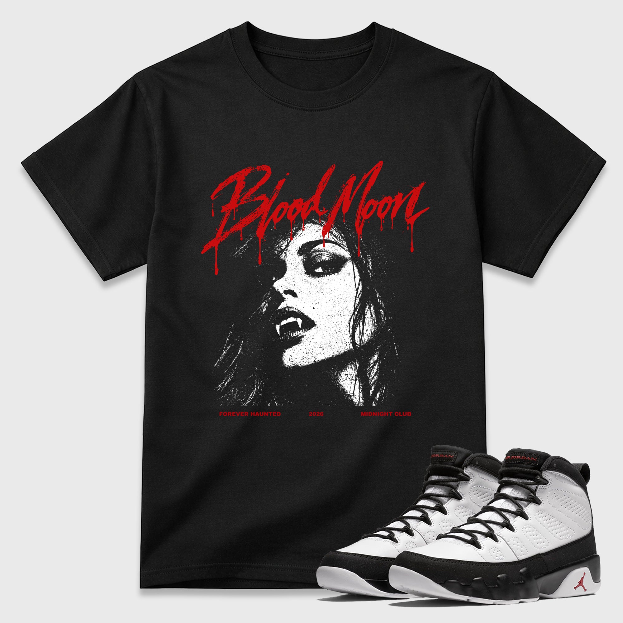 Blood Moon Graphic T-Shirt featuring original streetwear artwork designed to match the Air Jordan 9 True Red. Black 1 Graphic T-Shirt.