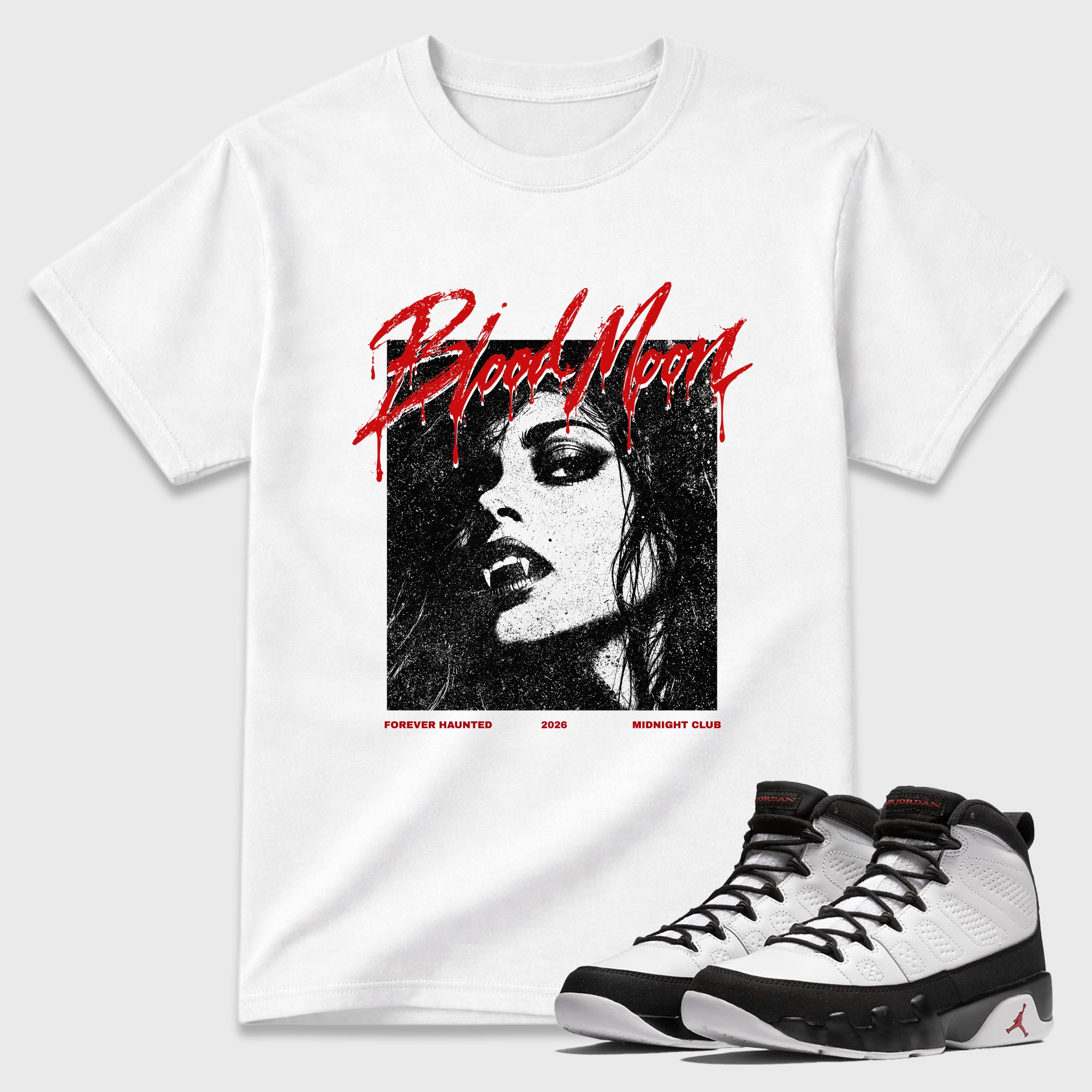 Blood Moon Graphic T-Shirt featuring original streetwear artwork designed to match the Air Jordan 9 True Red. White 1 Graphic T-Shirt.