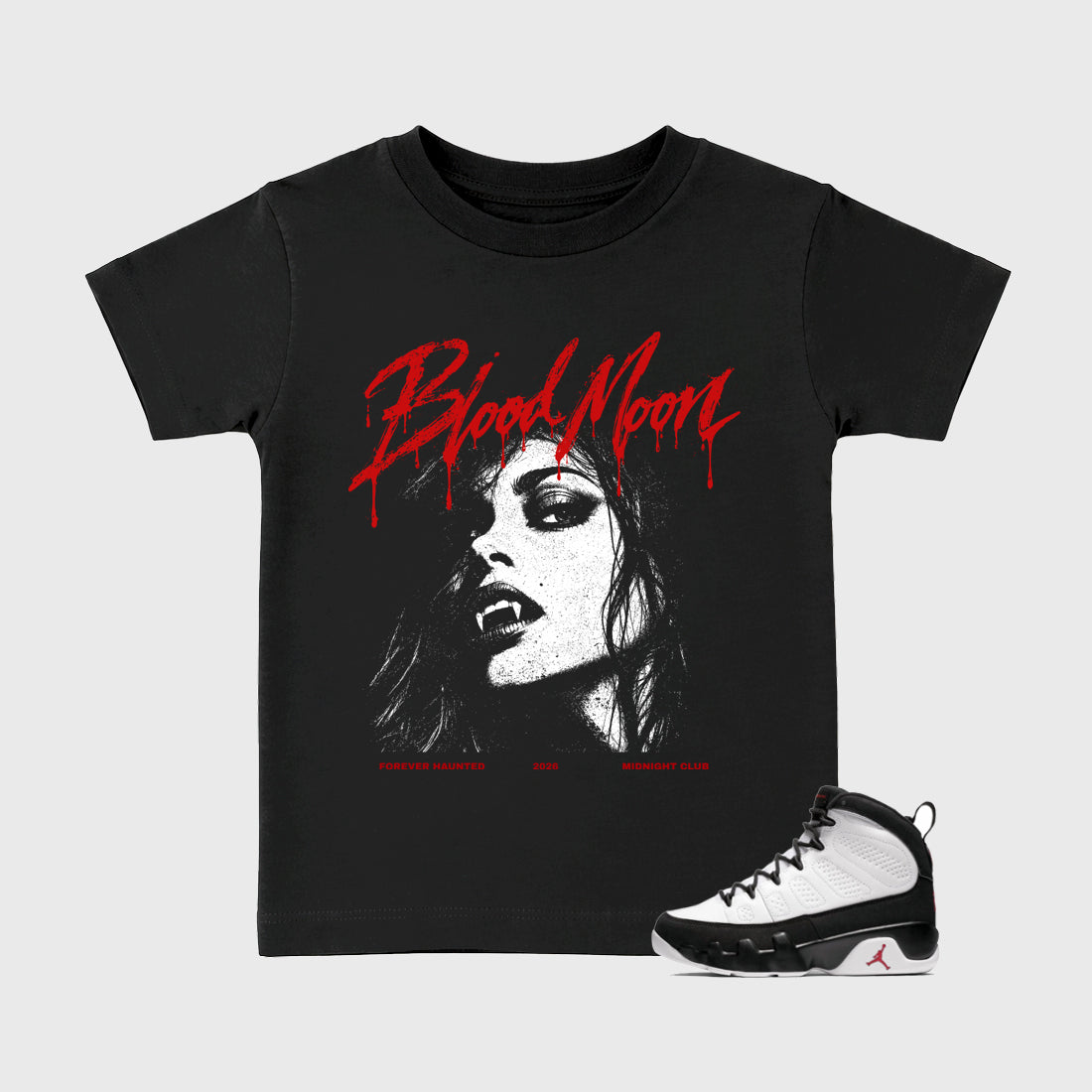 Blood Moon Baby & Kids Graphic T-Shirt featuring original artwork designed to match the Air Jordan 9 True Red. Black 1 Kids Graphic Tee.