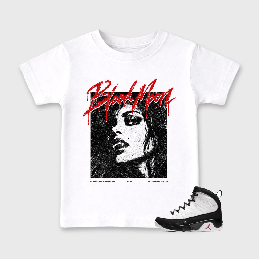 Blood Moon Baby & Kids Graphic T-Shirt featuring original artwork designed to match the Air Jordan 9 True Red. White 1 Kids Graphic Tee.