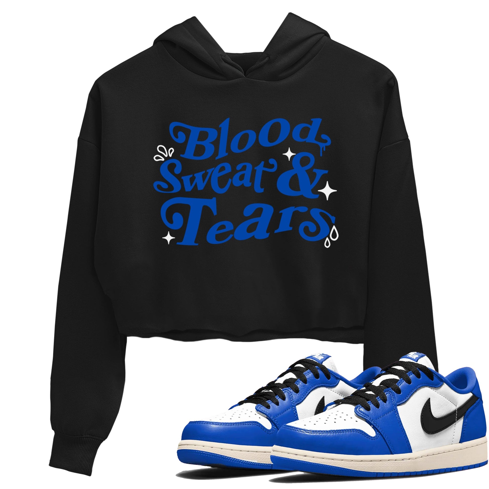 1s Game Royal shirts to match jordans Blood Sweat Tears sneaker match tees Air Jordan 1 Game Royal match shoes to clothes SNRT Sneaker Tees unisex cotton Black 1 crop tee
