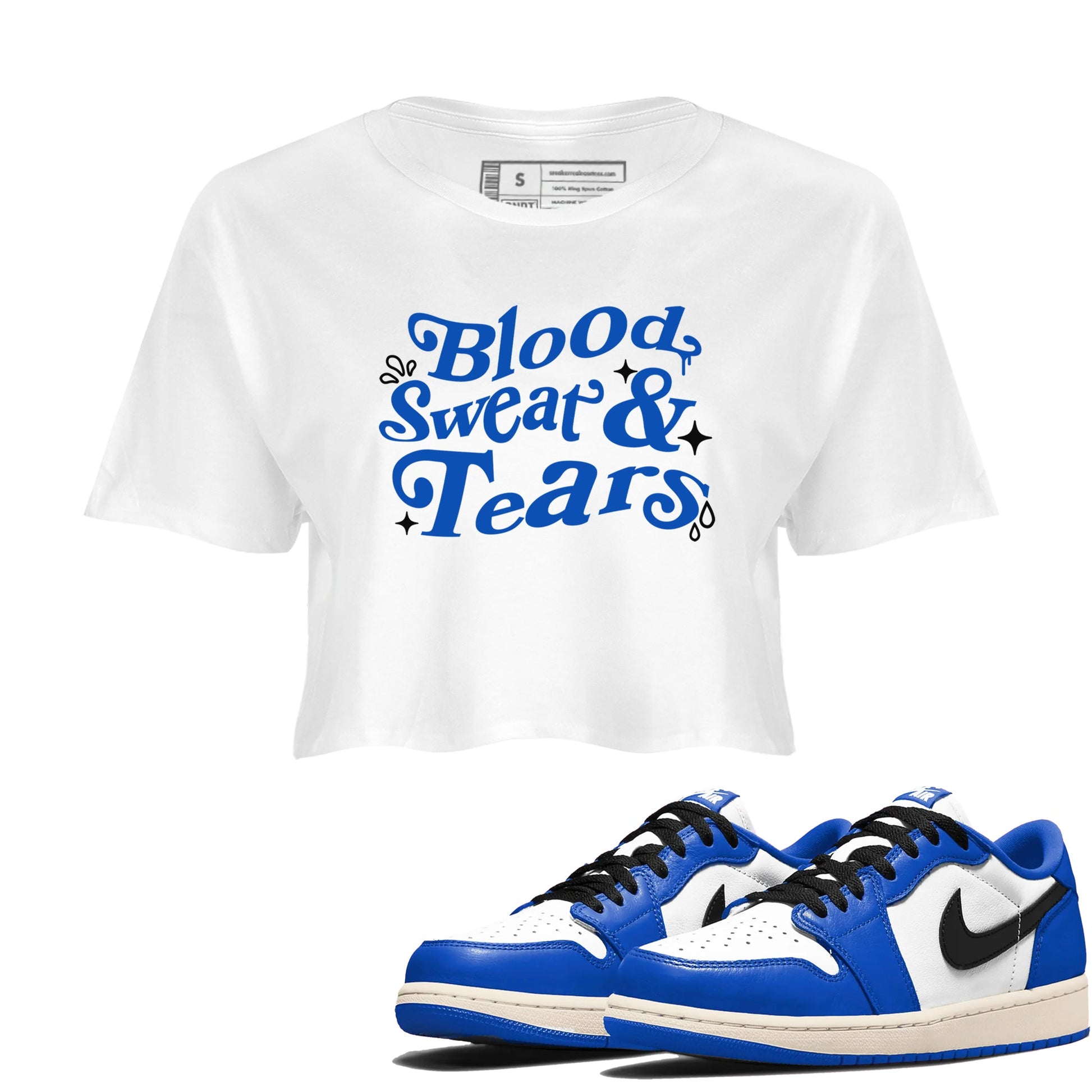 1s Game Royal shirts to match jordans Blood Sweat Tears sneaker match tees Air Jordan 1 Game Royal match shoes to clothes SNRT Sneaker Tees unisex cotton White 1 crop tee