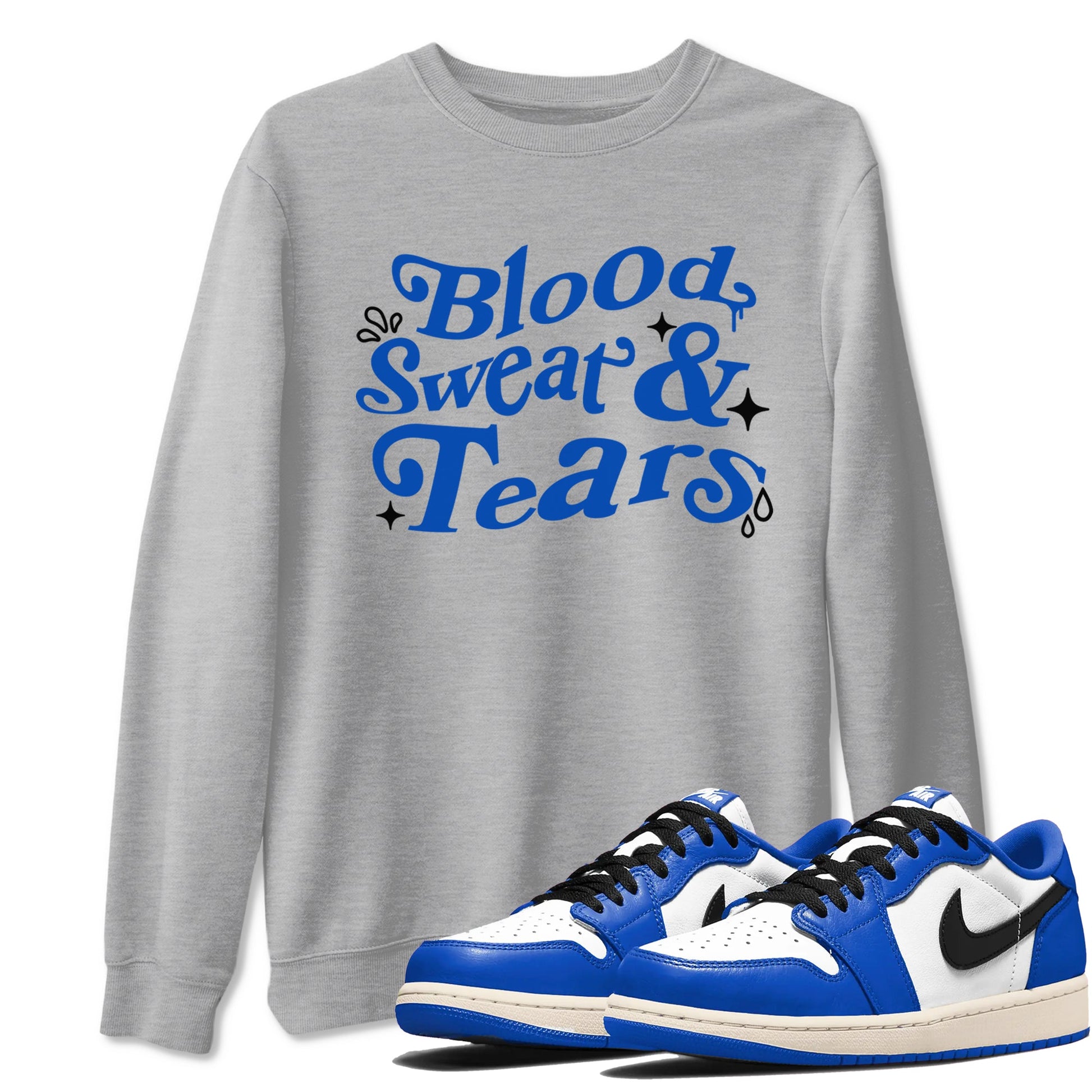 1s Game Royal shirts to match jordans Blood Sweat Tears sneaker match tees Air Jordan 1 Game Royal match shoes to clothes SNRT Sneaker Tees unisex cotton Heather Grey 1 shirts