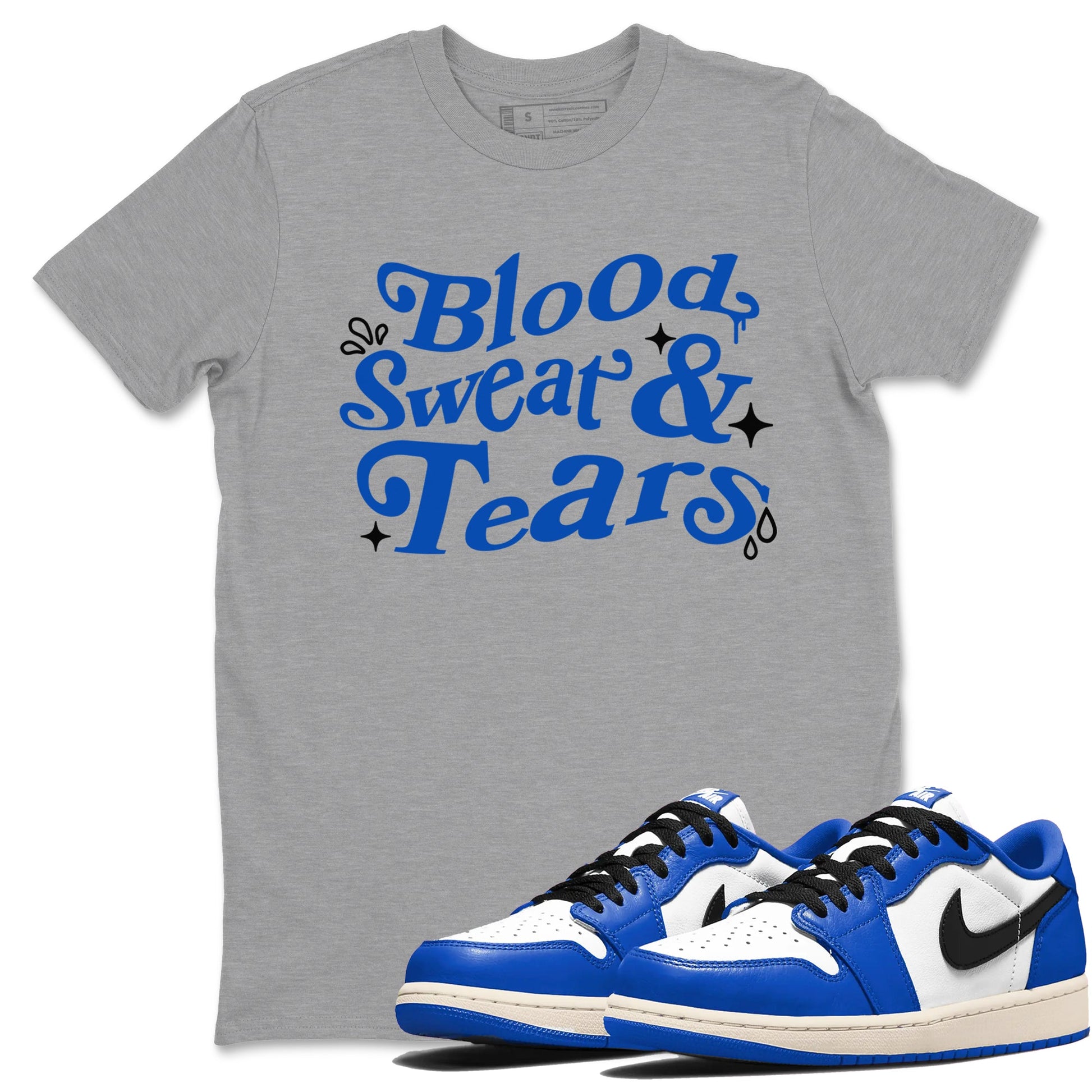 1s Game Royal shirts to match jordans Blood Sweat Tears sneaker match tees Air Jordan 1 Game Royal match shoes to clothes SNRT Sneaker Tees unisex cotton Heather Grey 1 shirts
