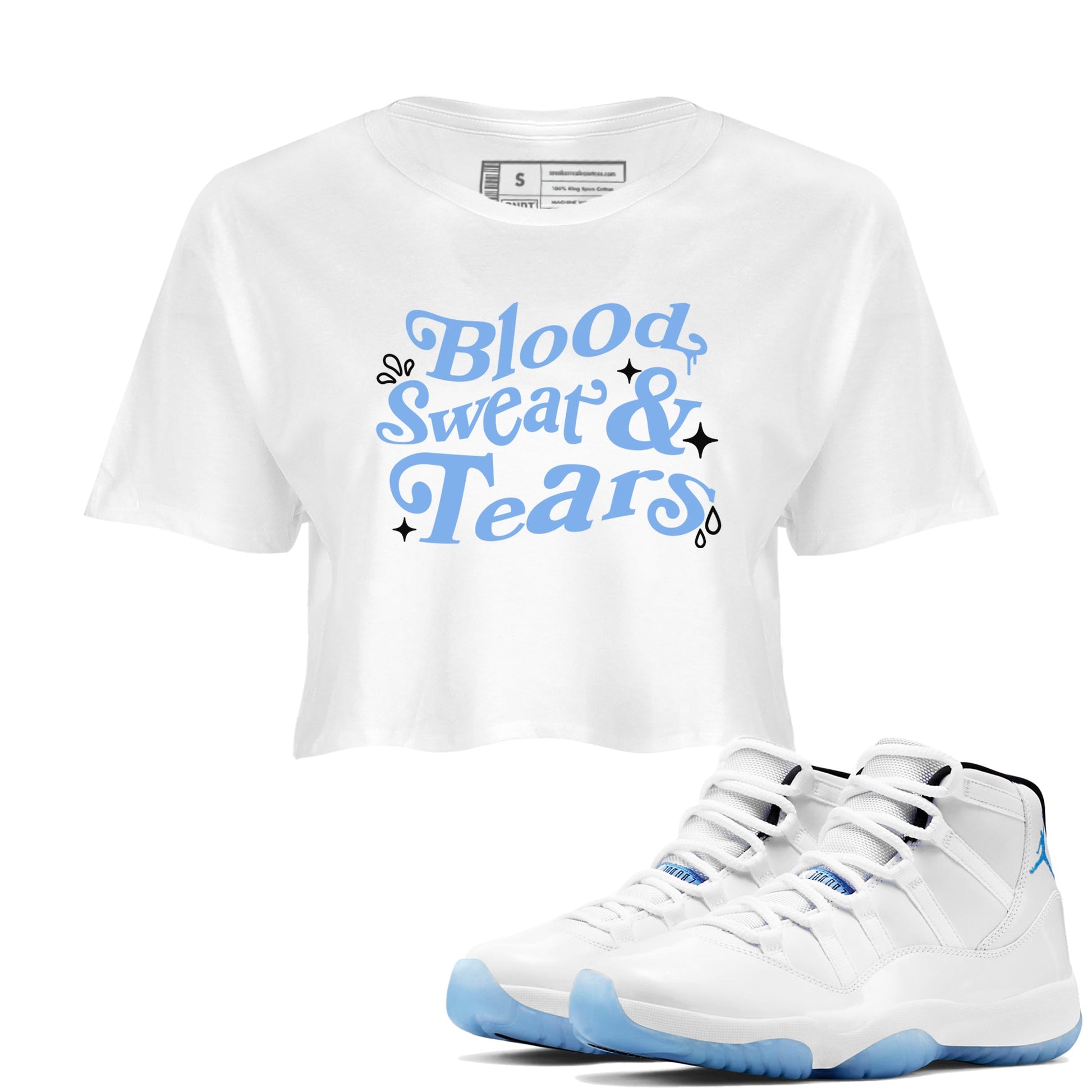 11s Legend Blue shirts to match jordans Blood Sweat Tears sneaker match tees Air Jordan 11 Legend Blue match shoes to clothes SNRT Sneaker Tees unisex cotton White 1 crop tee