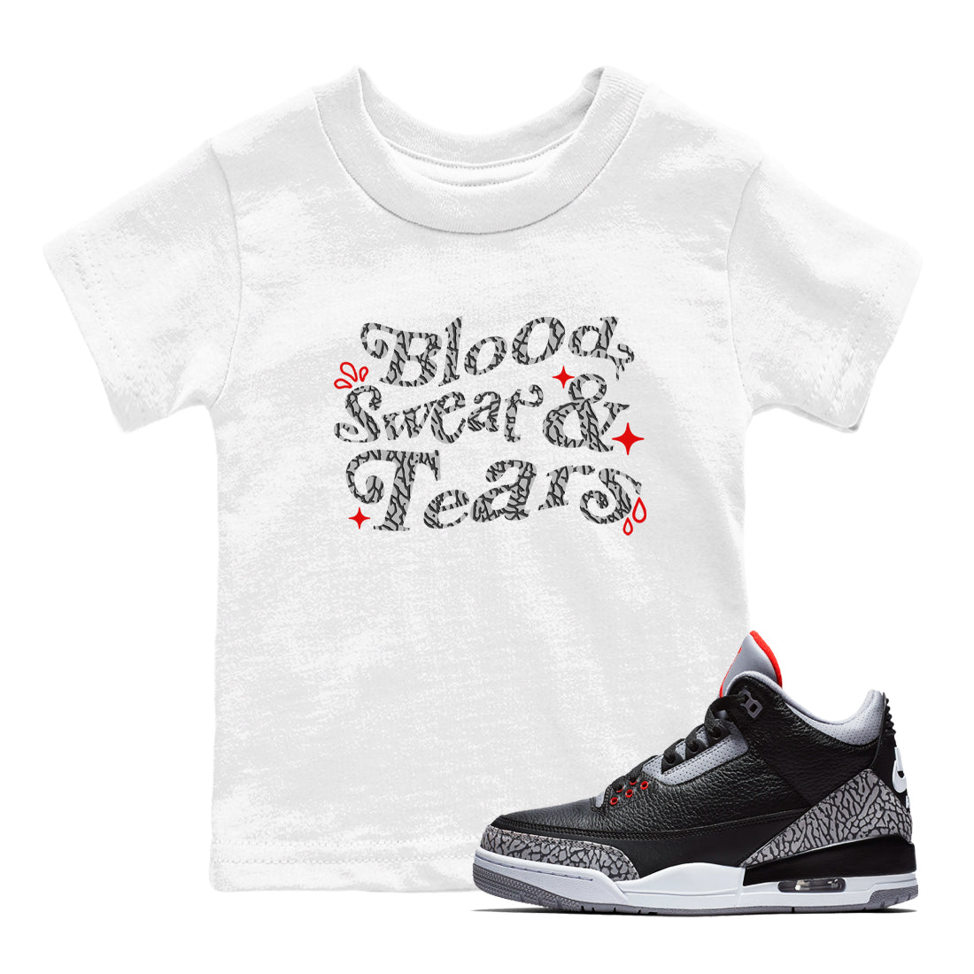 3s Black Cement shirts to match jordans Blood Sweat Tears sneaker match tees Air Jordan 3 Black Cement match shoes to clothes SNRT Sneaker Tees Youth Baby White 1 tee