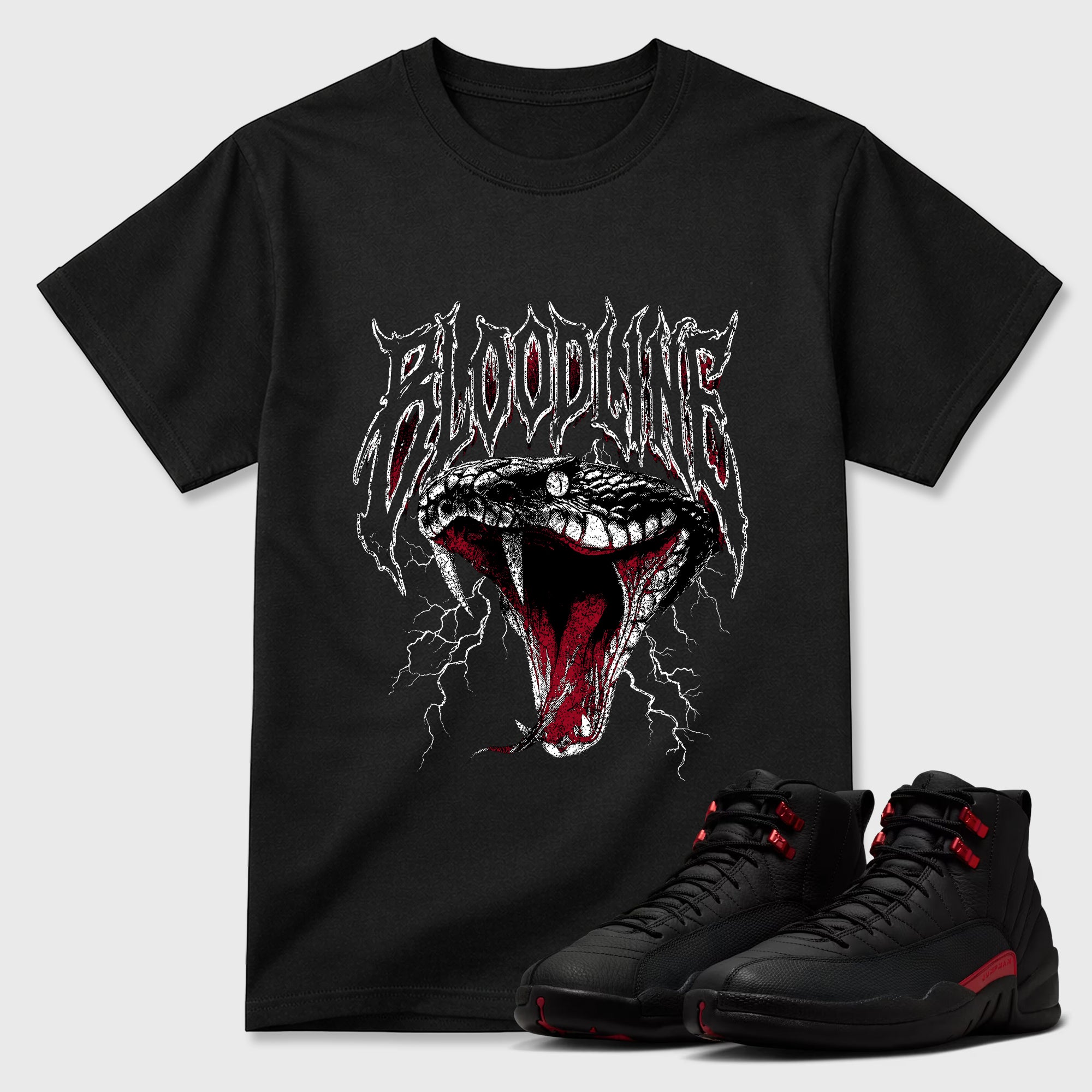 Sneakerfit Streetwear outfit, Sneaker Tees To Match Air Jordan 12 Bloodline – Bloodline Graphic Tee Black 1