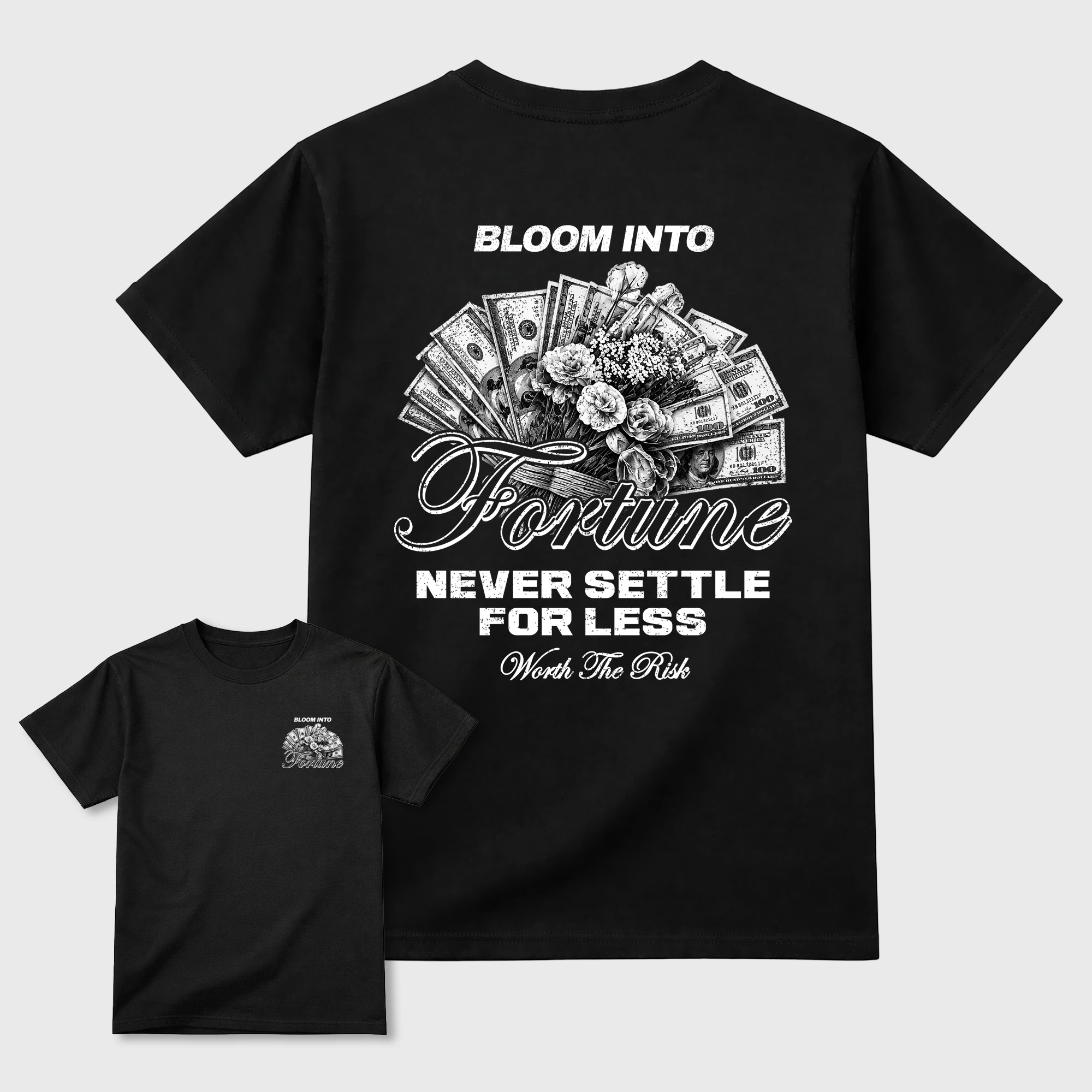 Bloom Into Fortune Graphic T-Shirt featuring original streetwear artwork designed to match the Air Jordan 8 Chrome. Black Graphic T-Shirt.