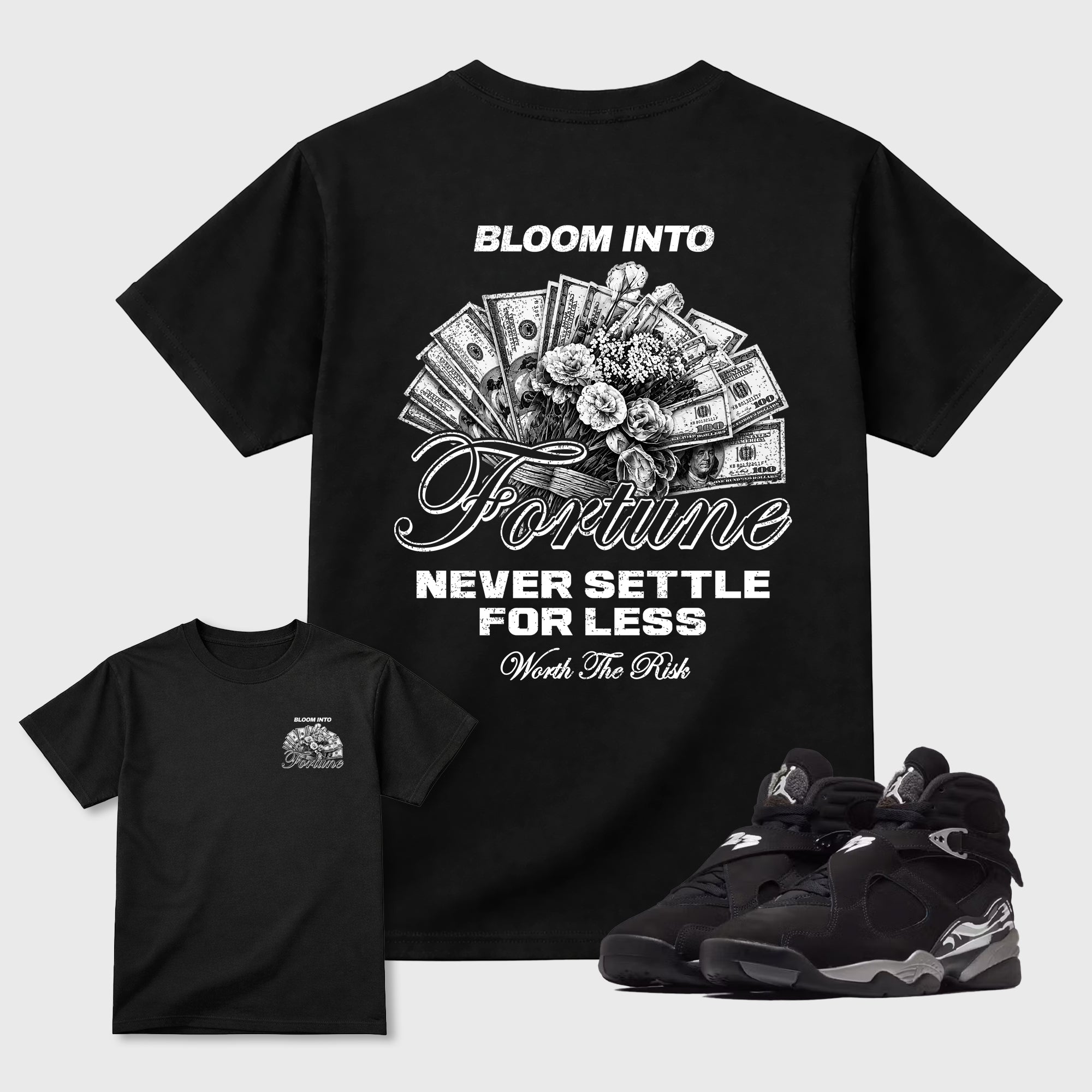 Bloom Into Fortune Graphic T-Shirt featuring original streetwear artwork designed to match the . Black Graphic T-Shirt.