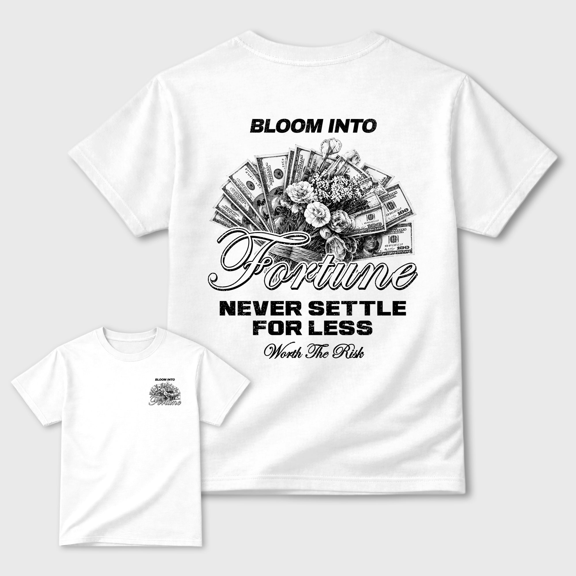 Bloom Into Fortune Graphic T-Shirt featuring original streetwear artwork designed to match the . White Graphic T-Shirt.