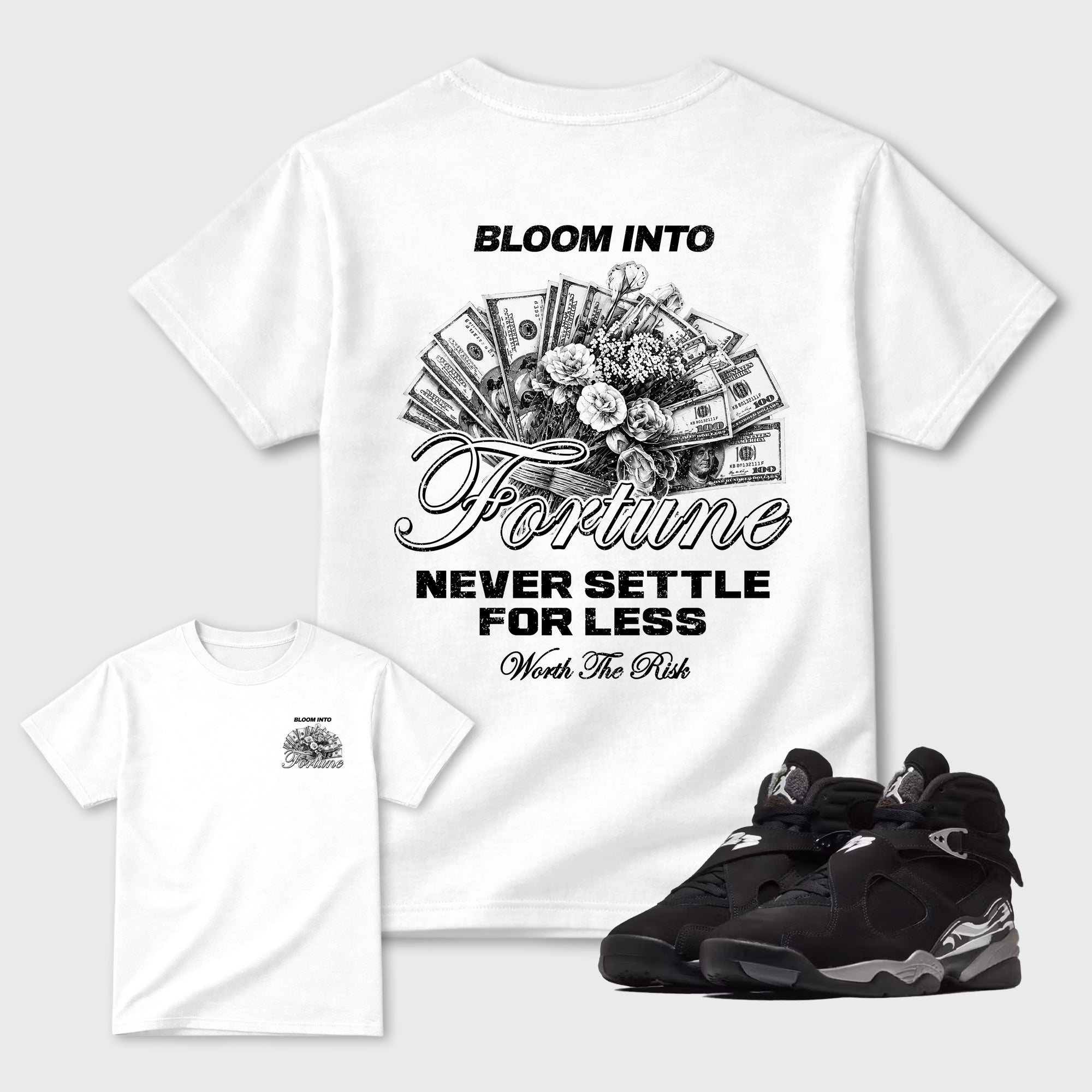 Bloom Into Fortune Graphic T-Shirt featuring original streetwear artwork designed to match the . White Graphic T-Shirt.