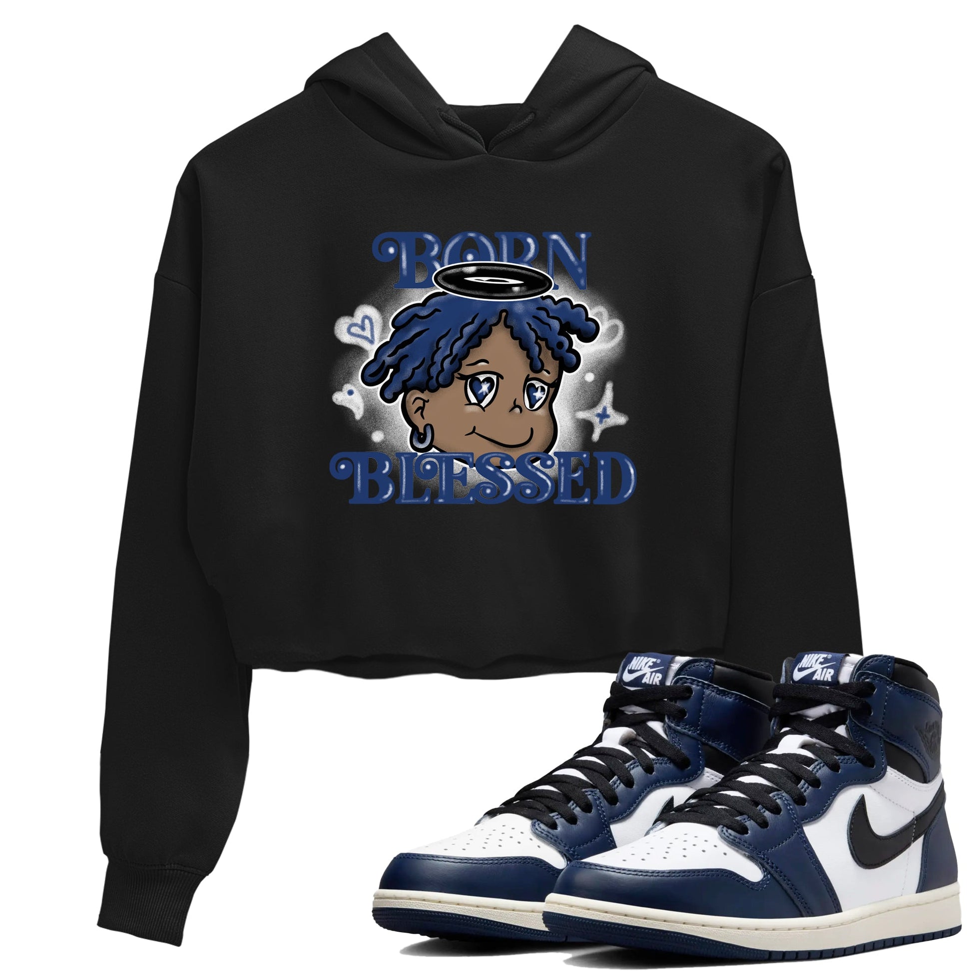 1s Midnight Navy shirts to match jordans Born Blessed sneaker match tees Air Jordan 1 Midnight Navy match shoes to clothes SNRT Sneaker Tees unisex cotton Black 1 crop tee