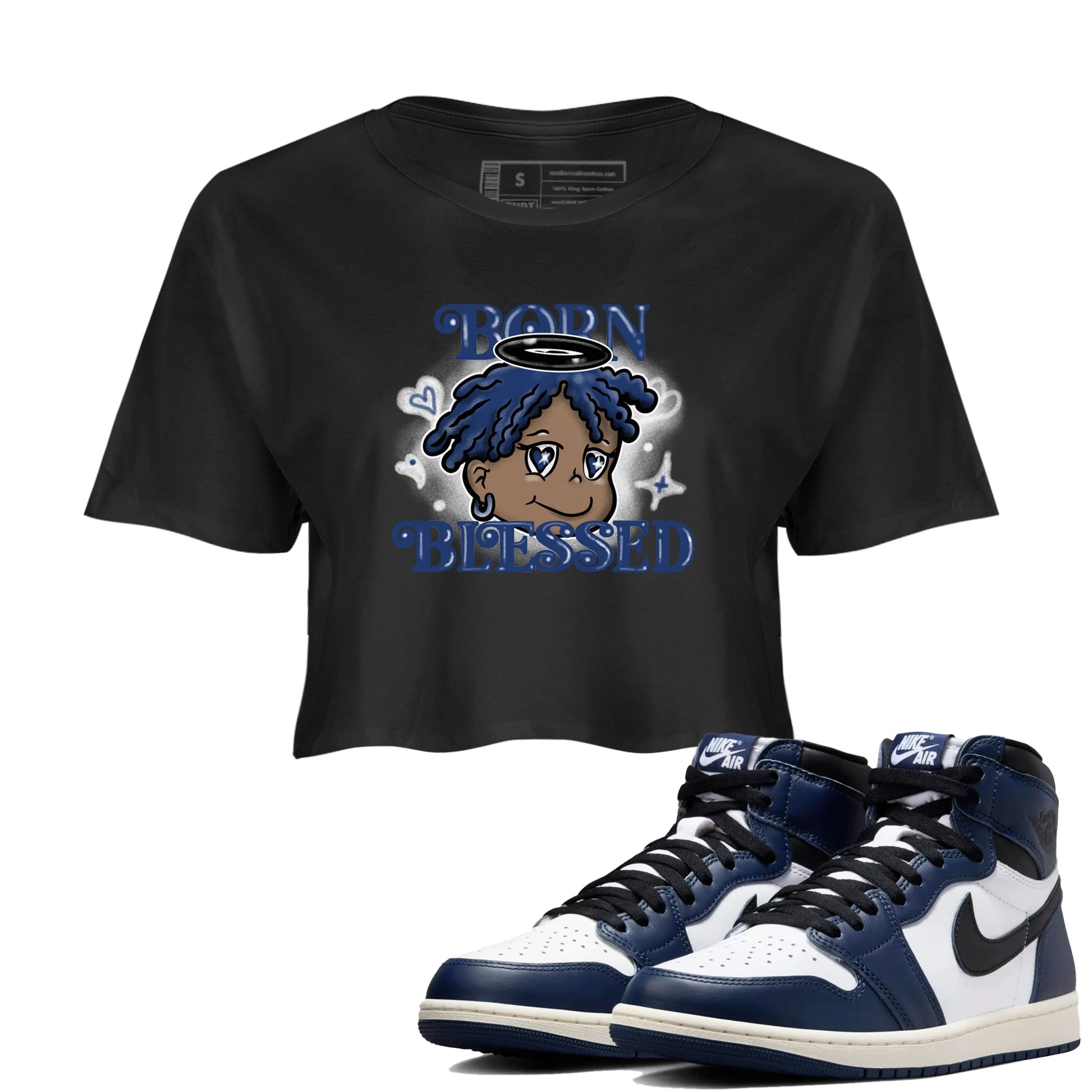 1s Midnight Navy shirts to match jordans Born Blessed sneaker match tees Air Jordan 1 Midnight Navy match shoes to clothes SNRT Sneaker Tees unisex cotton Black 1 crop tee