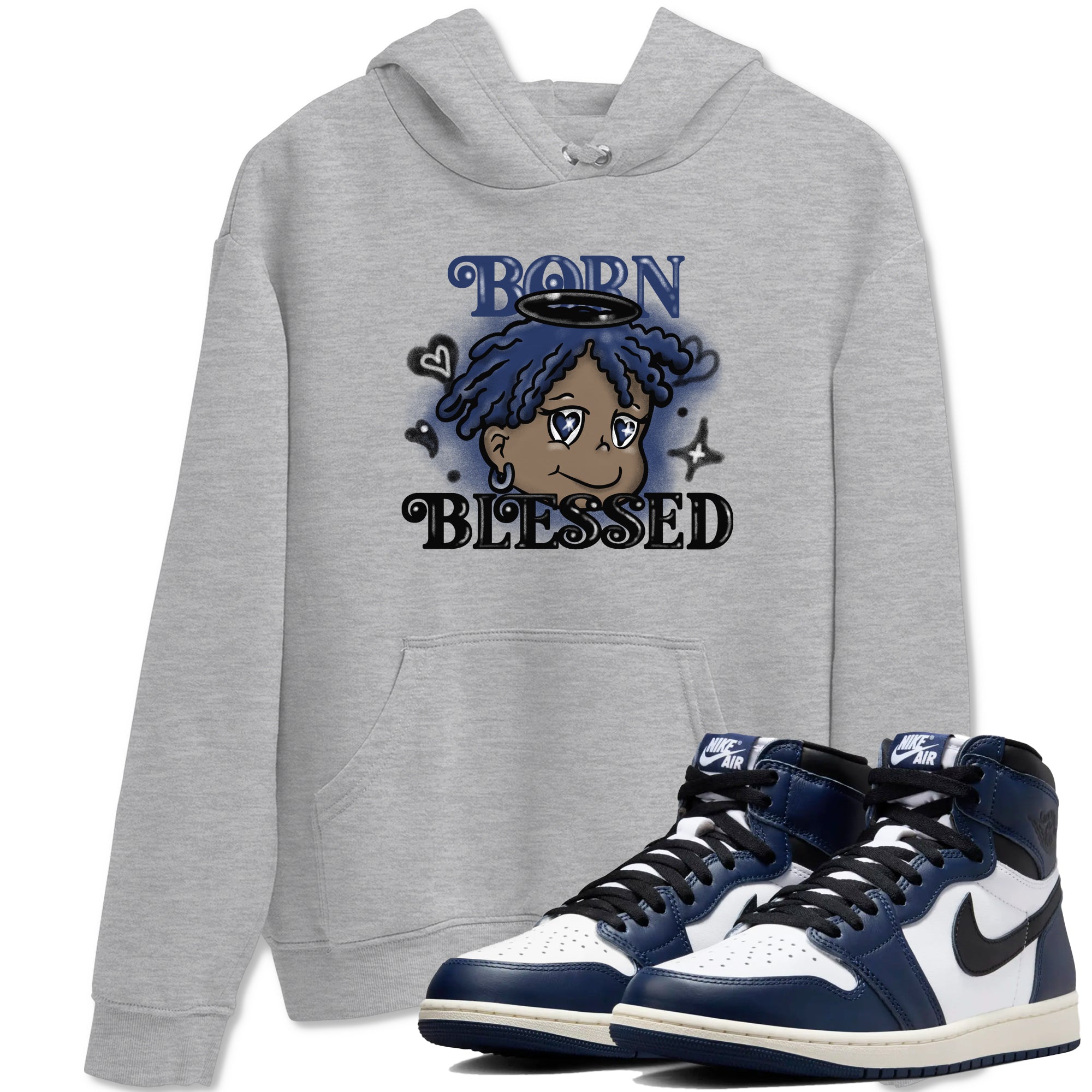 1s Midnight Navy shirts to match jordans Born Blessed sneaker match tees Air Jordan 1 Midnight Navy match shoes to clothes SNRT Sneaker Tees unisex cotton Heather Grey 1 shirts