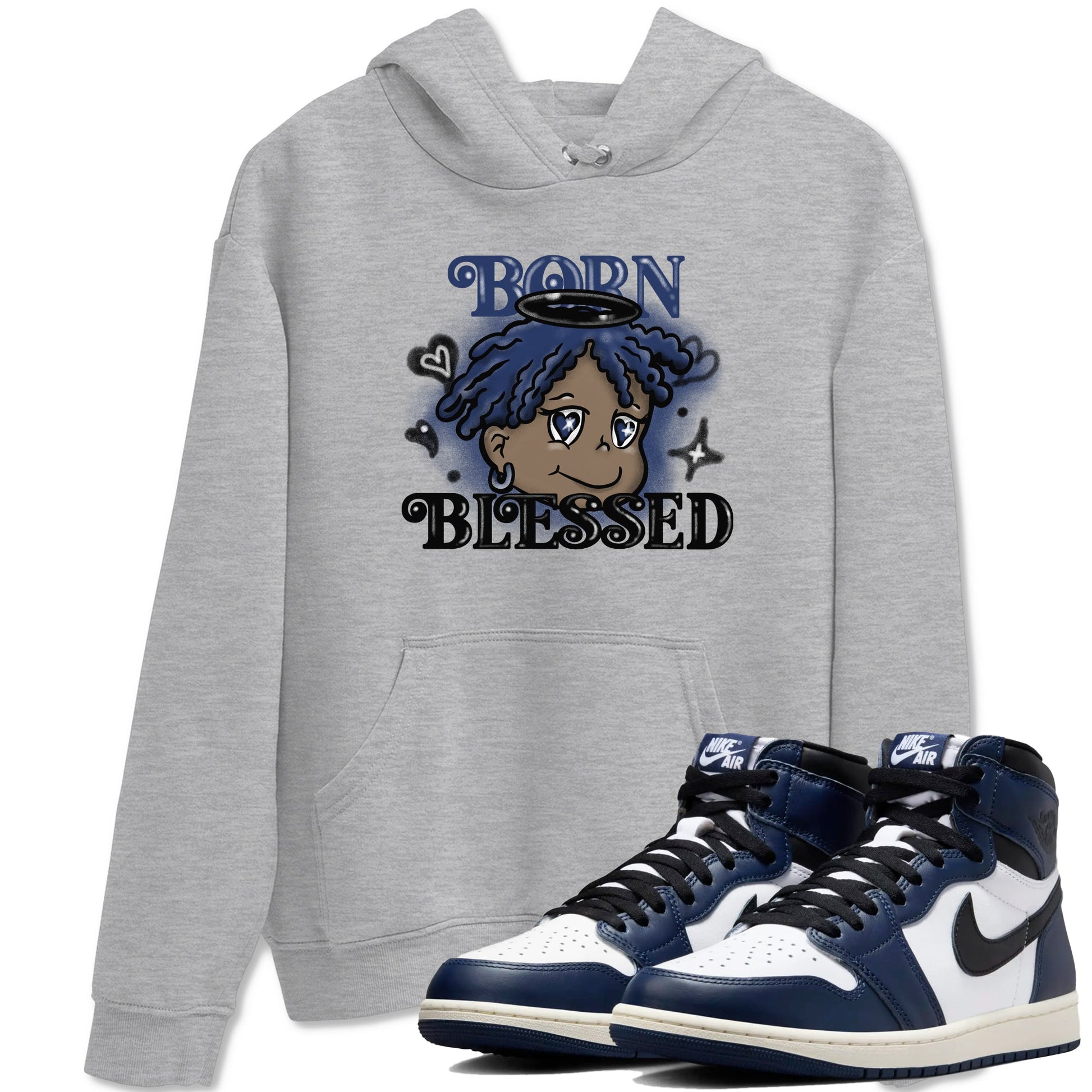 1s Midnight Navy shirts to match jordans Born Blessed sneaker match tees Air Jordan 1 Midnight Navy match shoes to clothes SNRT Sneaker Tees unisex cotton Heather Grey 1 shirts