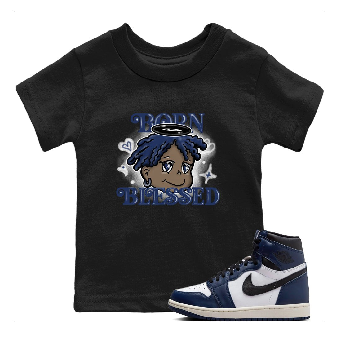 1s Midnight Navy shirts to match jordans Born Blessed sneaker match tees Air Jordan 1 Midnight Navy match shoes to clothes SNRT Sneaker Tees Youth Baby Black 1 tee