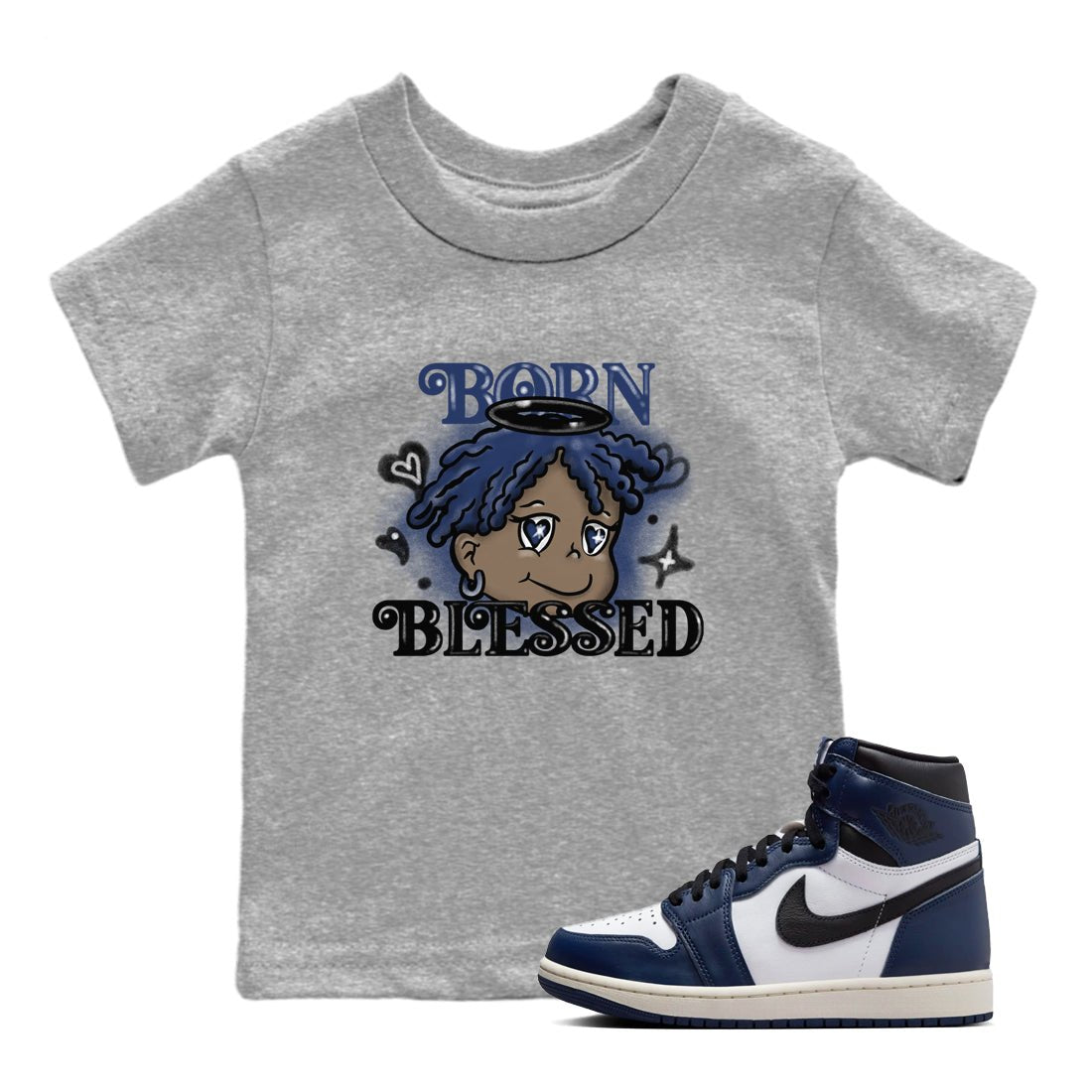 1s Midnight Navy shirts to match jordans Born Blessed sneaker match tees Air Jordan 1 Midnight Navy match shoes to clothes SNRT Sneaker Tees Youth Baby Heather Grey 1 tee