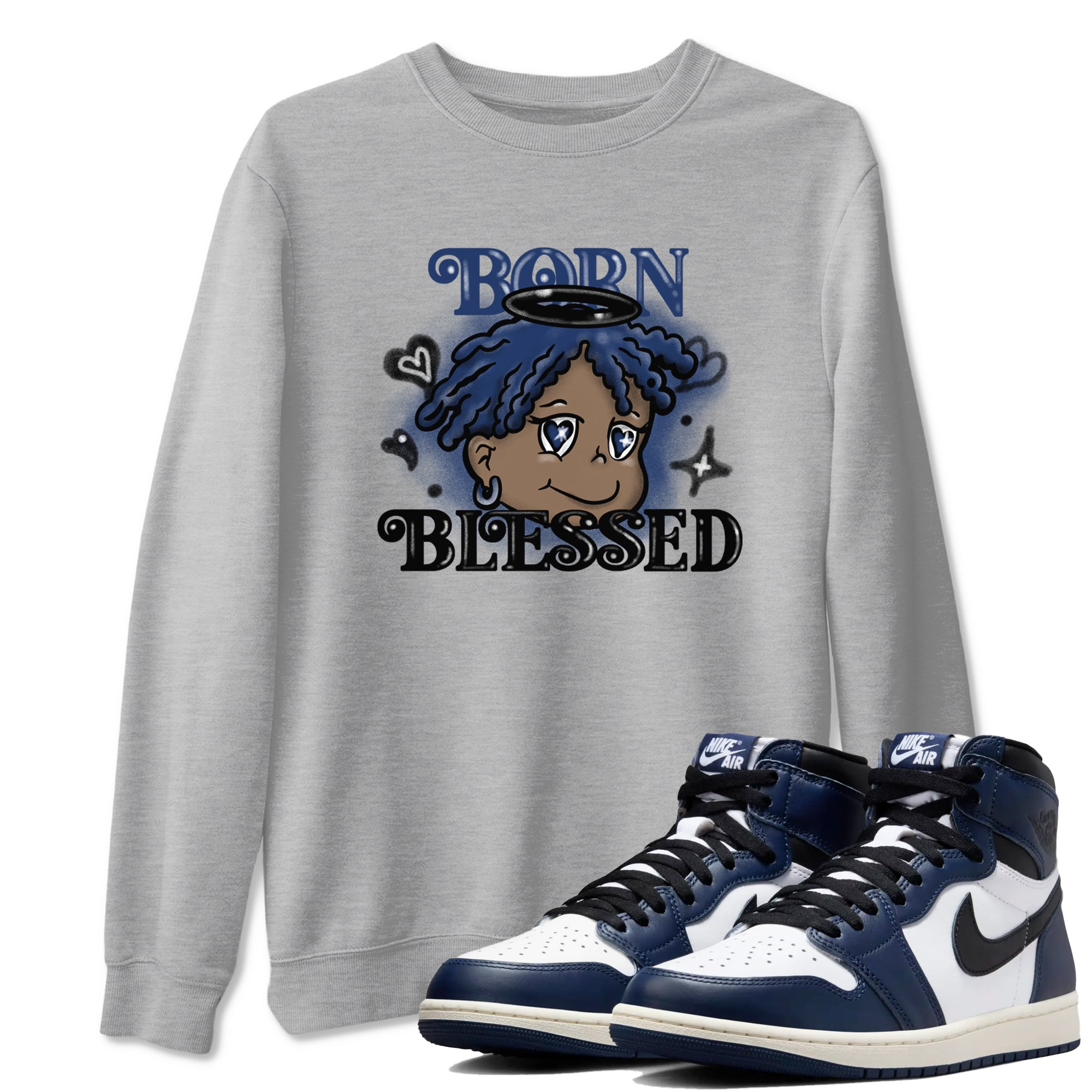 1s Midnight Navy shirts to match jordans Born Blessed sneaker match tees Air Jordan 1 Midnight Navy match shoes to clothes SNRT Sneaker Tees unisex cotton Heather Grey 1 shirts
