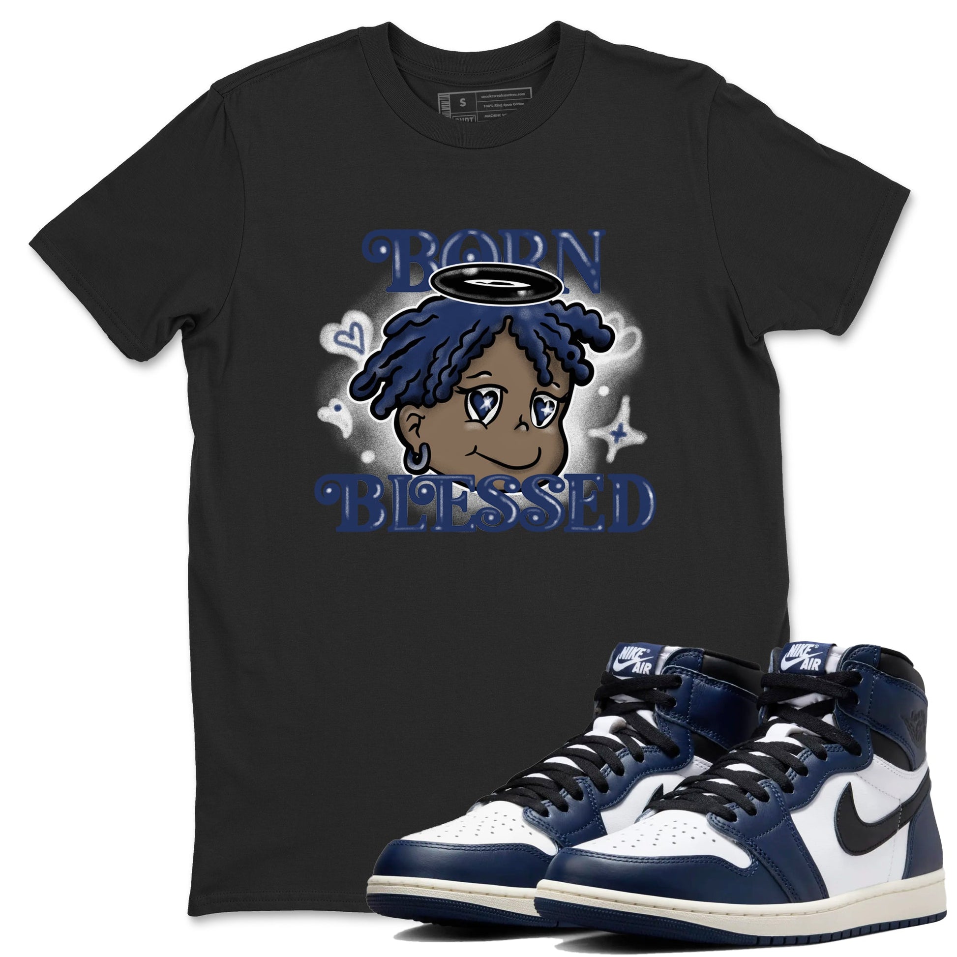 1s Midnight Navy shirts to match jordans Born Blessed sneaker match tees Air Jordan 1 Midnight Navy match shoes to clothes SNRT Sneaker Tees unisex cotton Black 1 shirts