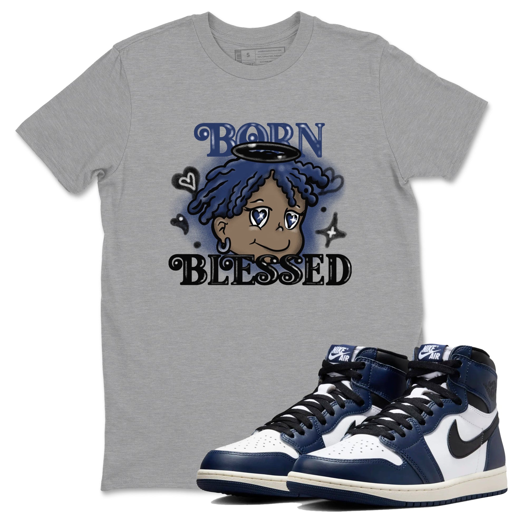 1s Midnight Navy shirts to match jordans Born Blessed sneaker match tees Air Jordan 1 Midnight Navy match shoes to clothes SNRT Sneaker Tees unisex cotton Heather Grey 1 shirts