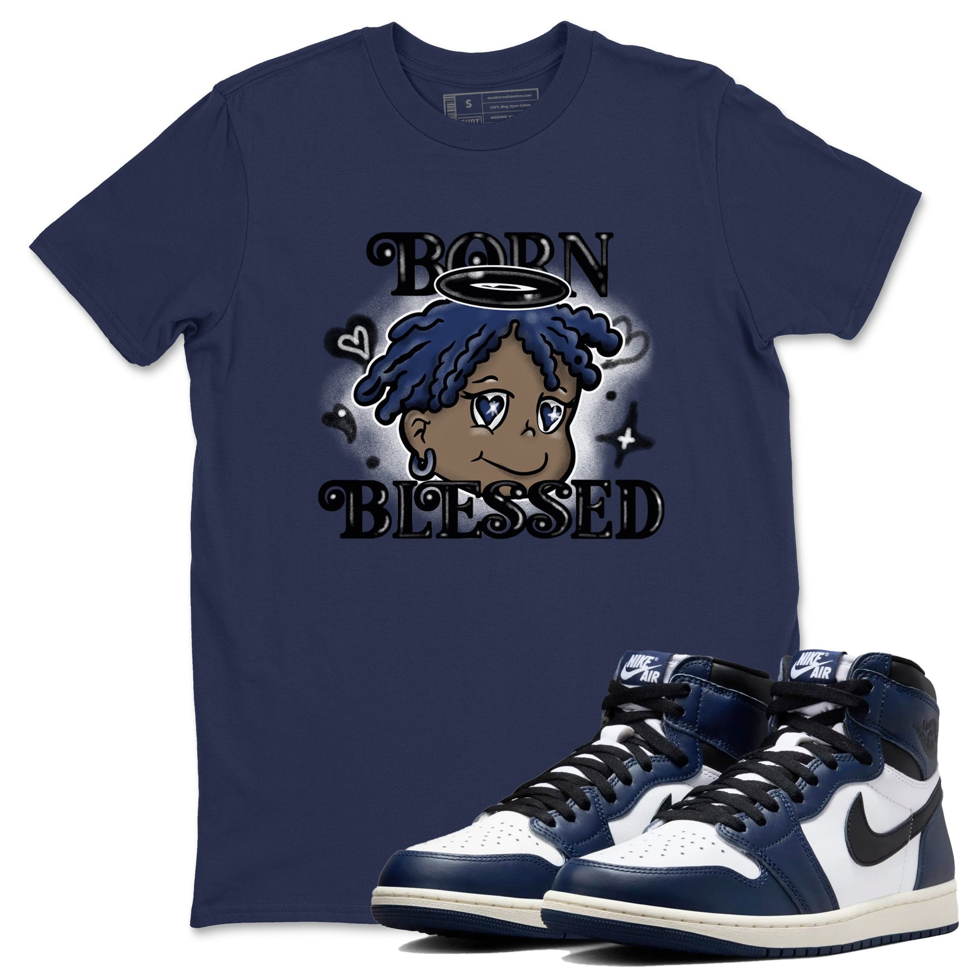 1s Midnight Navy shirts to match jordans Born Blessed sneaker match tees Air Jordan 1 Midnight Navy match shoes to clothes SNRT Sneaker Tees unisex cotton Navy 1 shirts