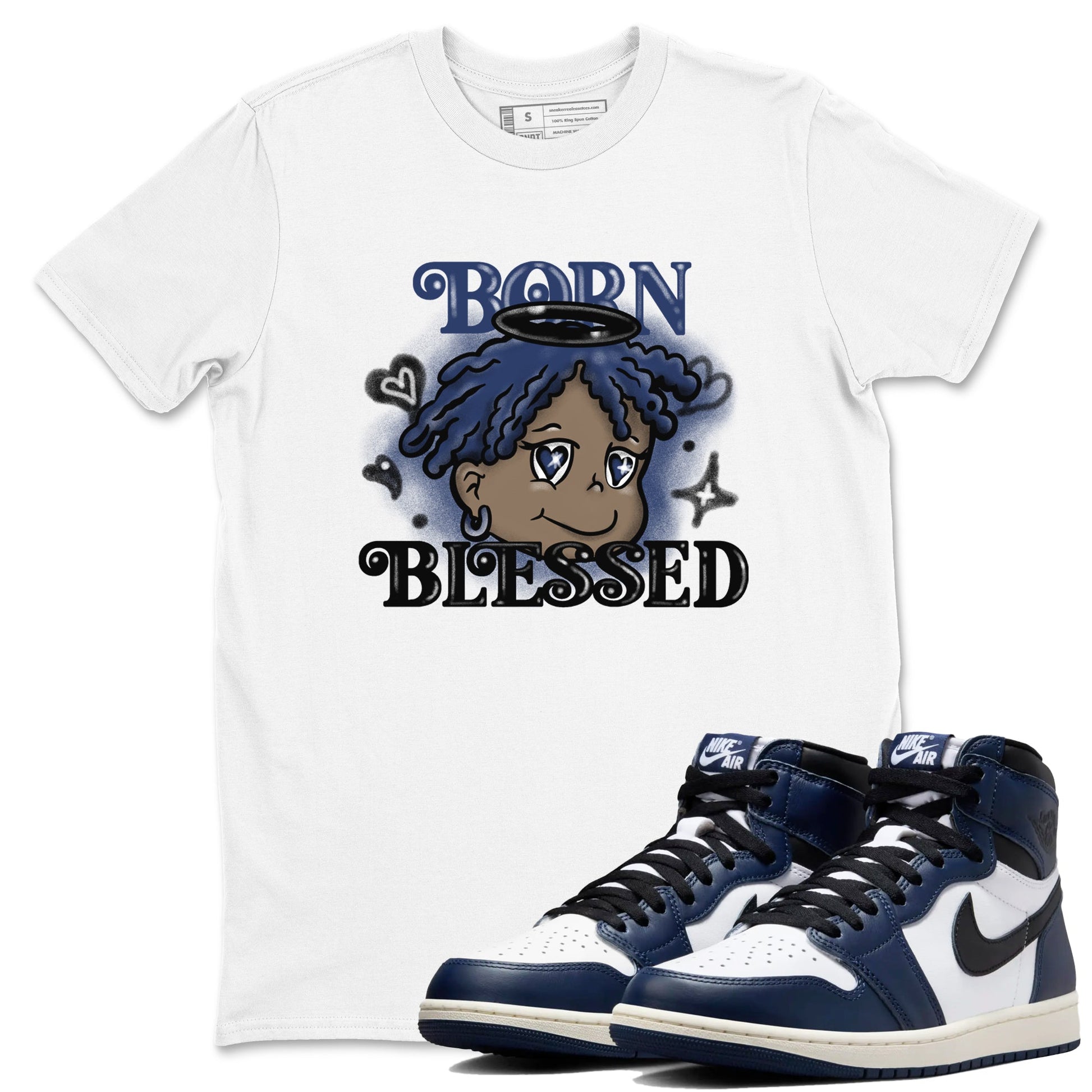 1s Midnight Navy shirts to match jordans Born Blessed sneaker match tees Air Jordan 1 Midnight Navy match shoes to clothes SNRT Sneaker Tees unisex cotton White 1 shirts