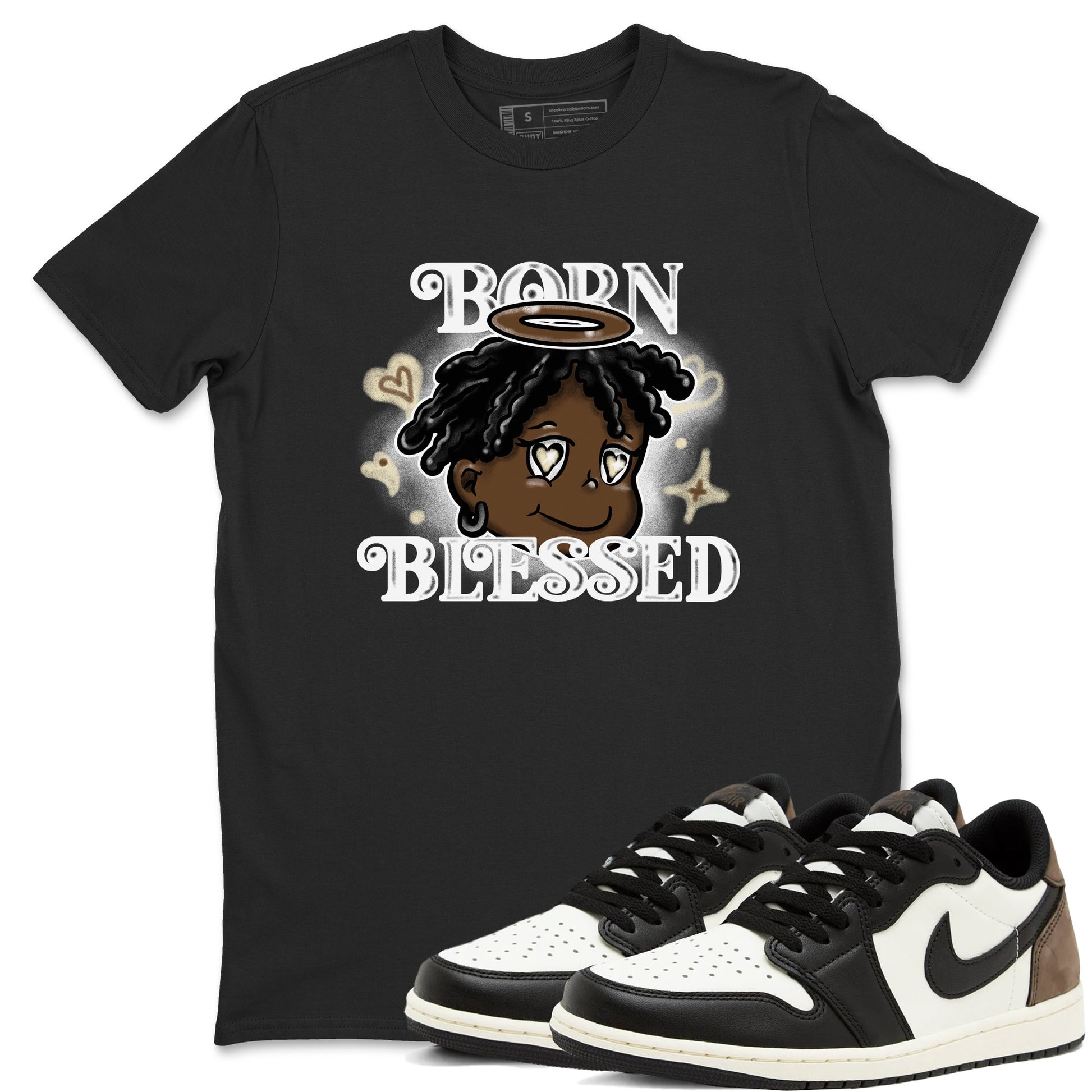 1s Mocha shirts to match jordans Born Blessed sneaker match tees Air Jordan 1 Mocha match shoes to clothes SNRT Sneaker Tees unisex cotton Black 1 shirts