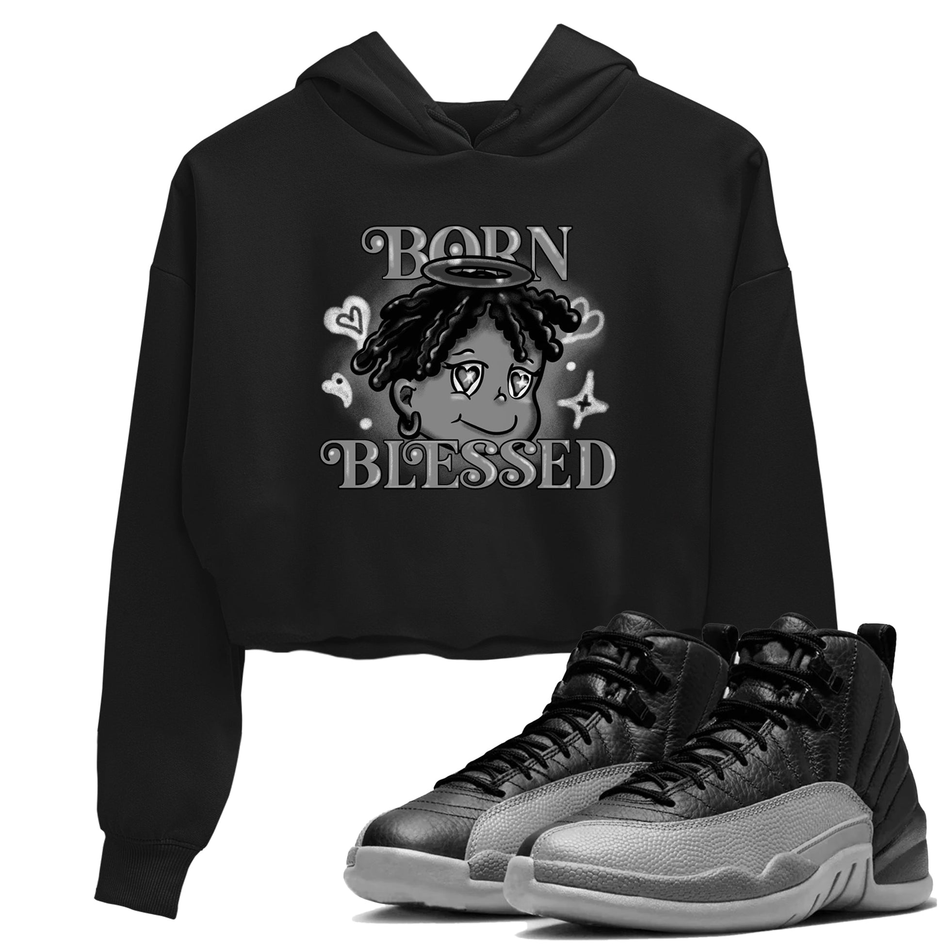 12s Black Wolf Grey shirts to match jordans Born Blessed sneaker match tees Air Jordan 12 Black Wolf Grey match shoes to clothes SNRT Sneaker Tees unisex cotton Black 1 crop tee